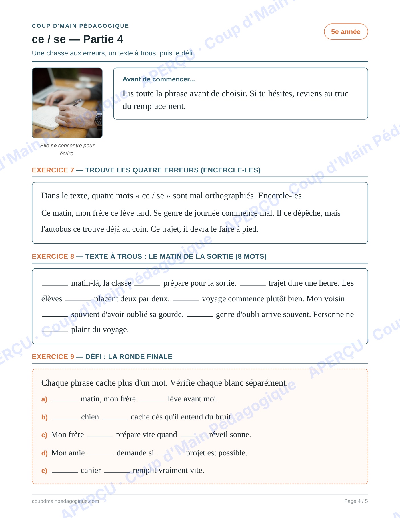 Page 4 — Les homophones ce/se — 5e année, fiche