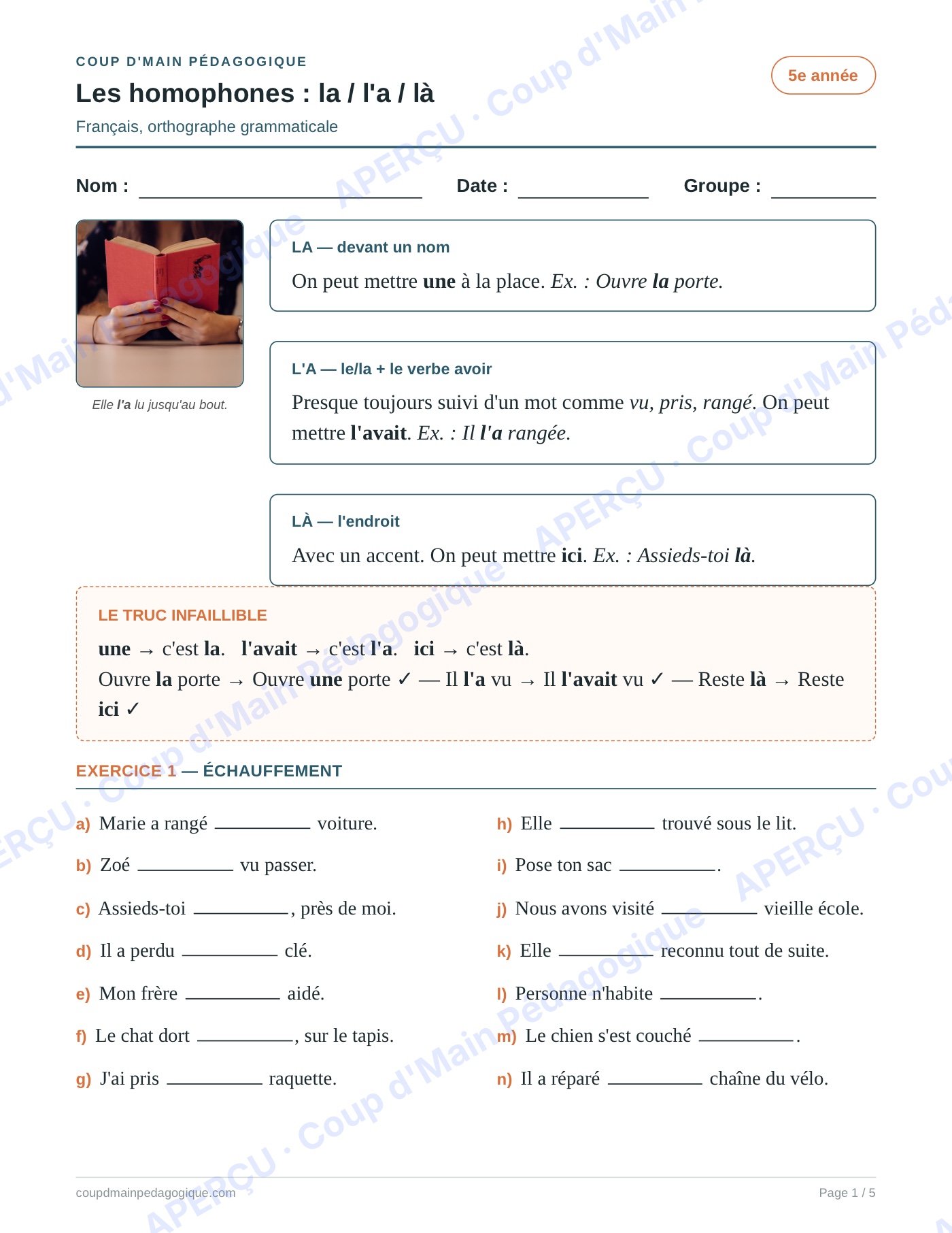 Page 1 — Les homophones la/l'a/là — 5e année, fiche