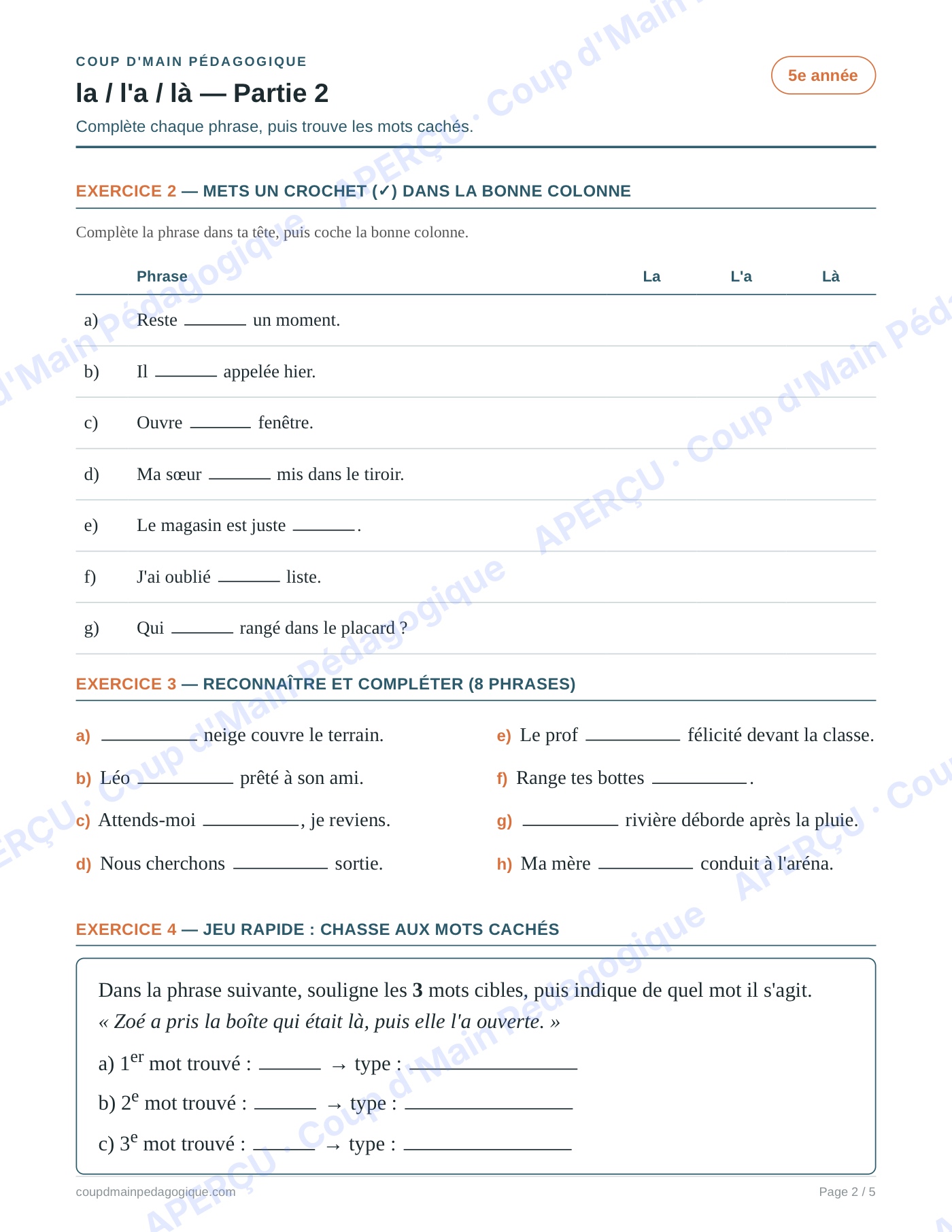 Page 2 — Les homophones la/l'a/là — 5e année, fiche