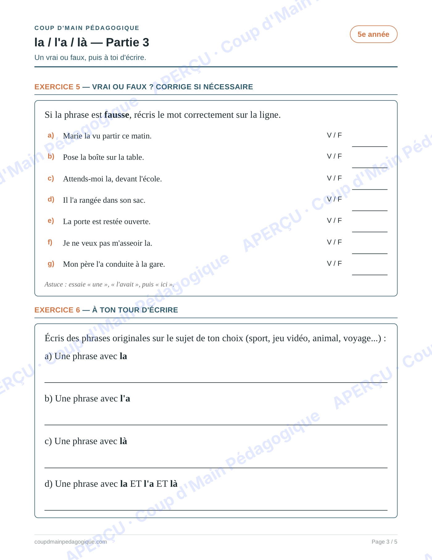 Page 3 — Les homophones la/l'a/là — 5e année, fiche