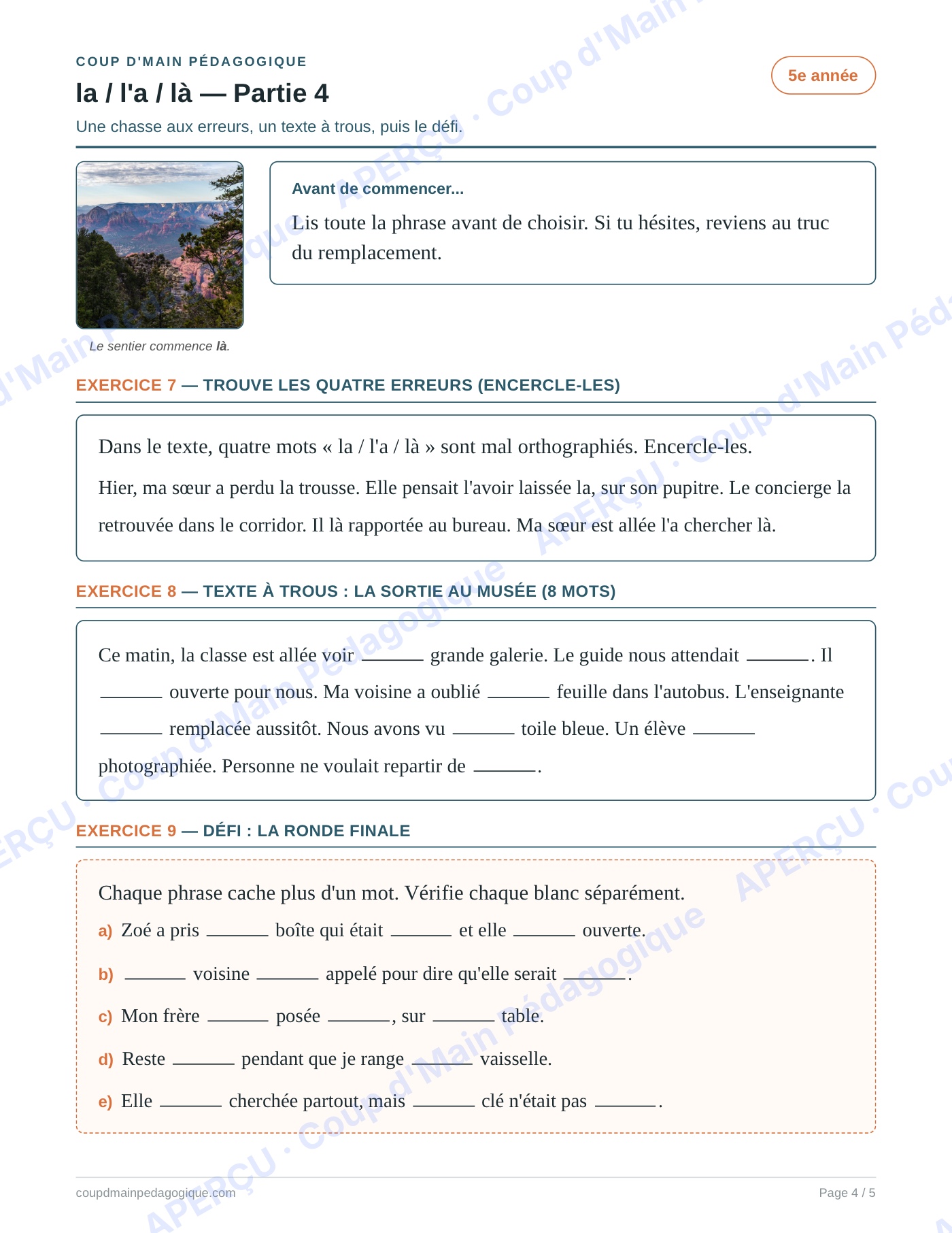Page 4 — Les homophones la/l'a/là — 5e année, fiche