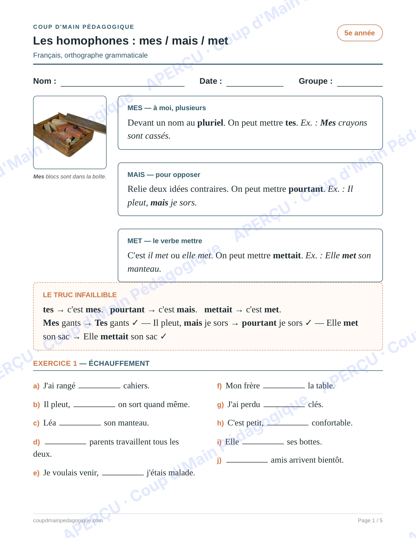Page 1 — Les homophones mes/mais/met — 5e année, fiche