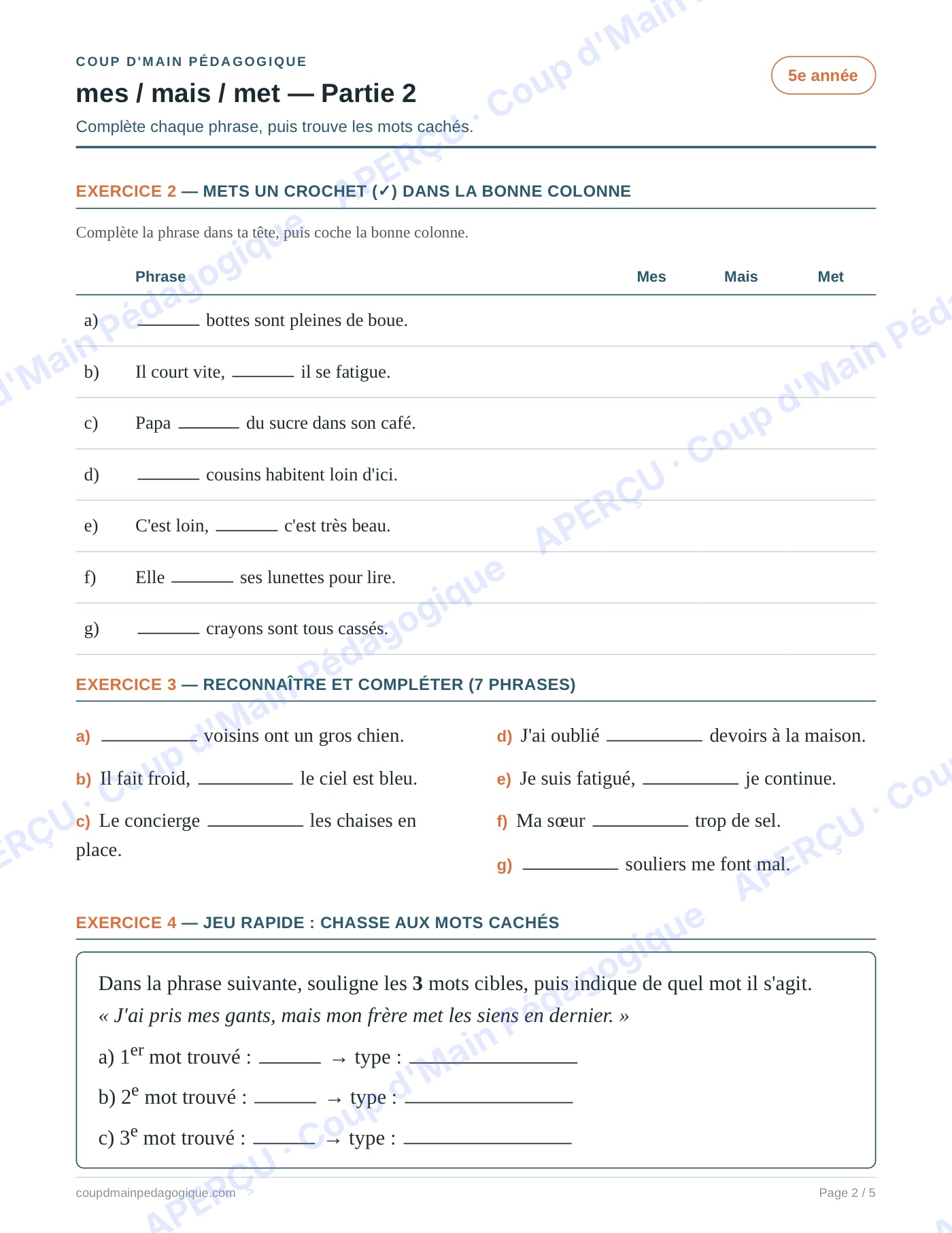 Page 2 — Les homophones mes/mais/met — 5e année, fiche