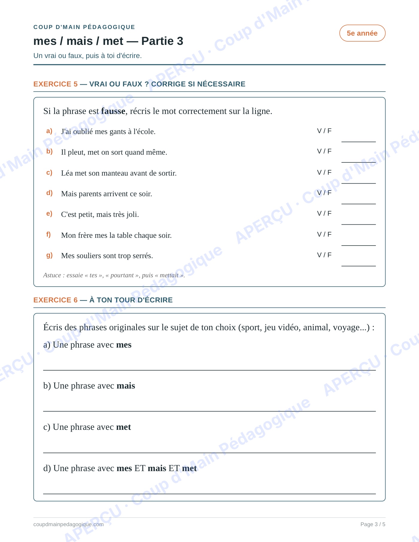 Page 3 — Les homophones mes/mais/met — 5e année, fiche