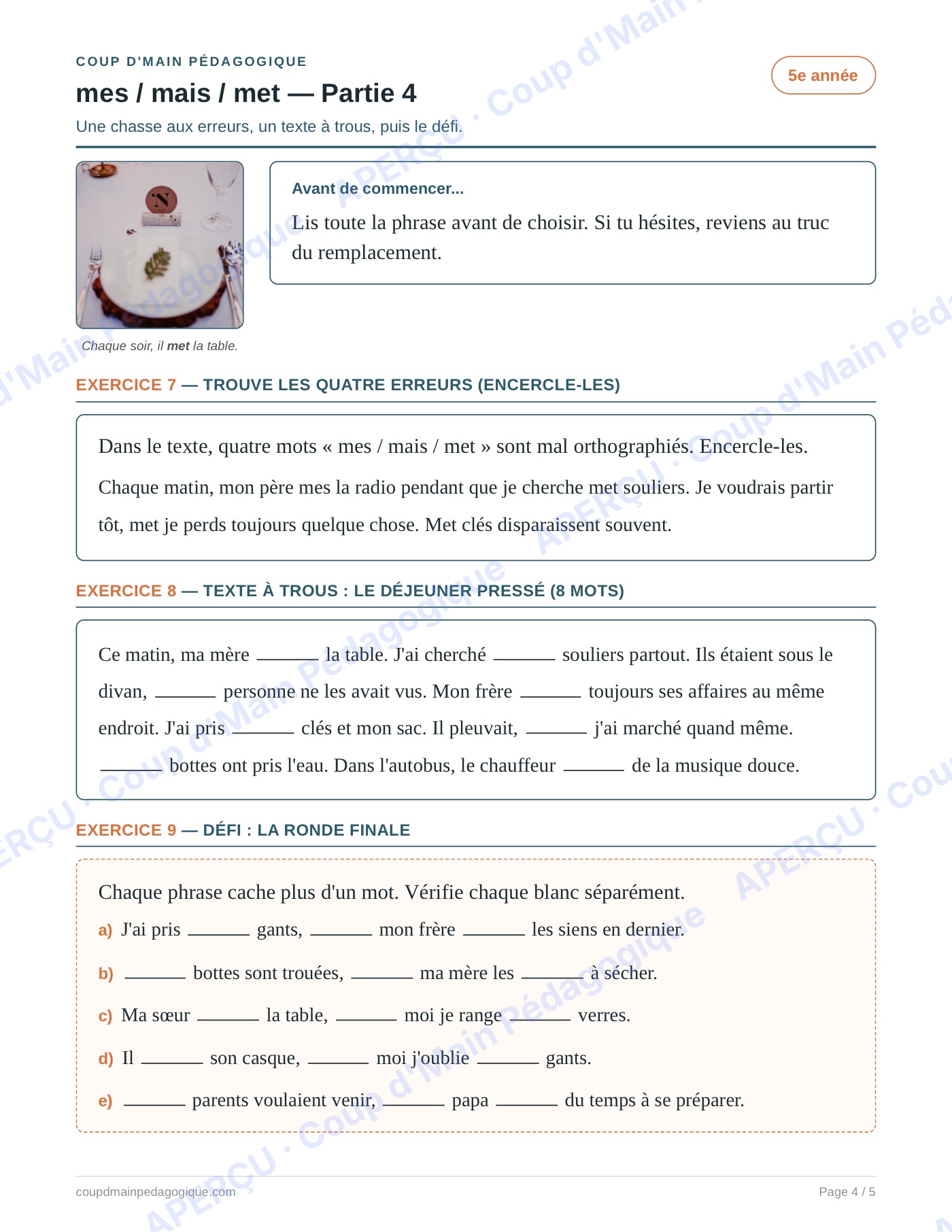 Page 4 — Les homophones mes/mais/met — 5e année, fiche