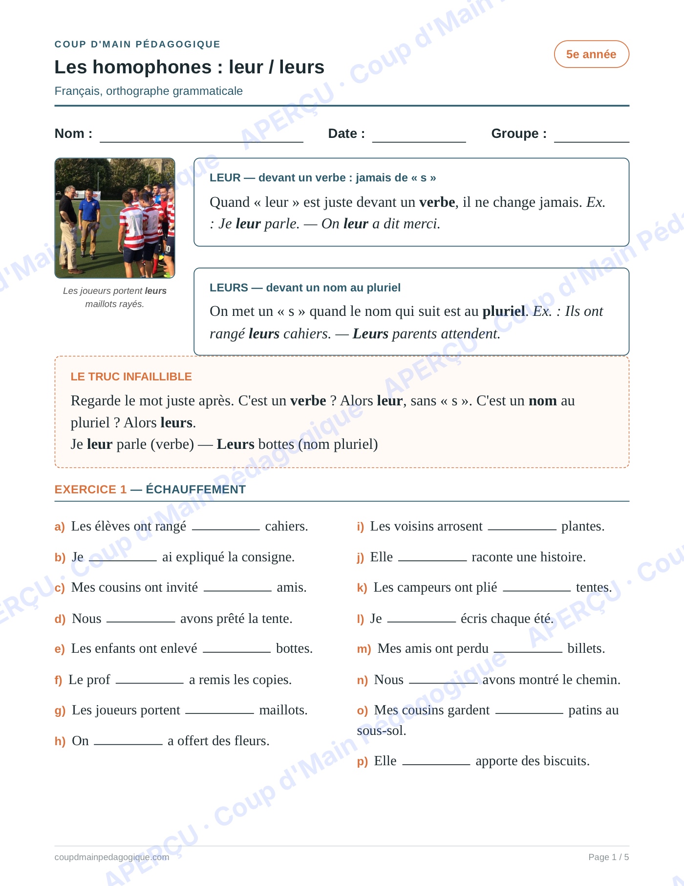 Page 1 — Les homophones leur/leurs — 5e année, fiche