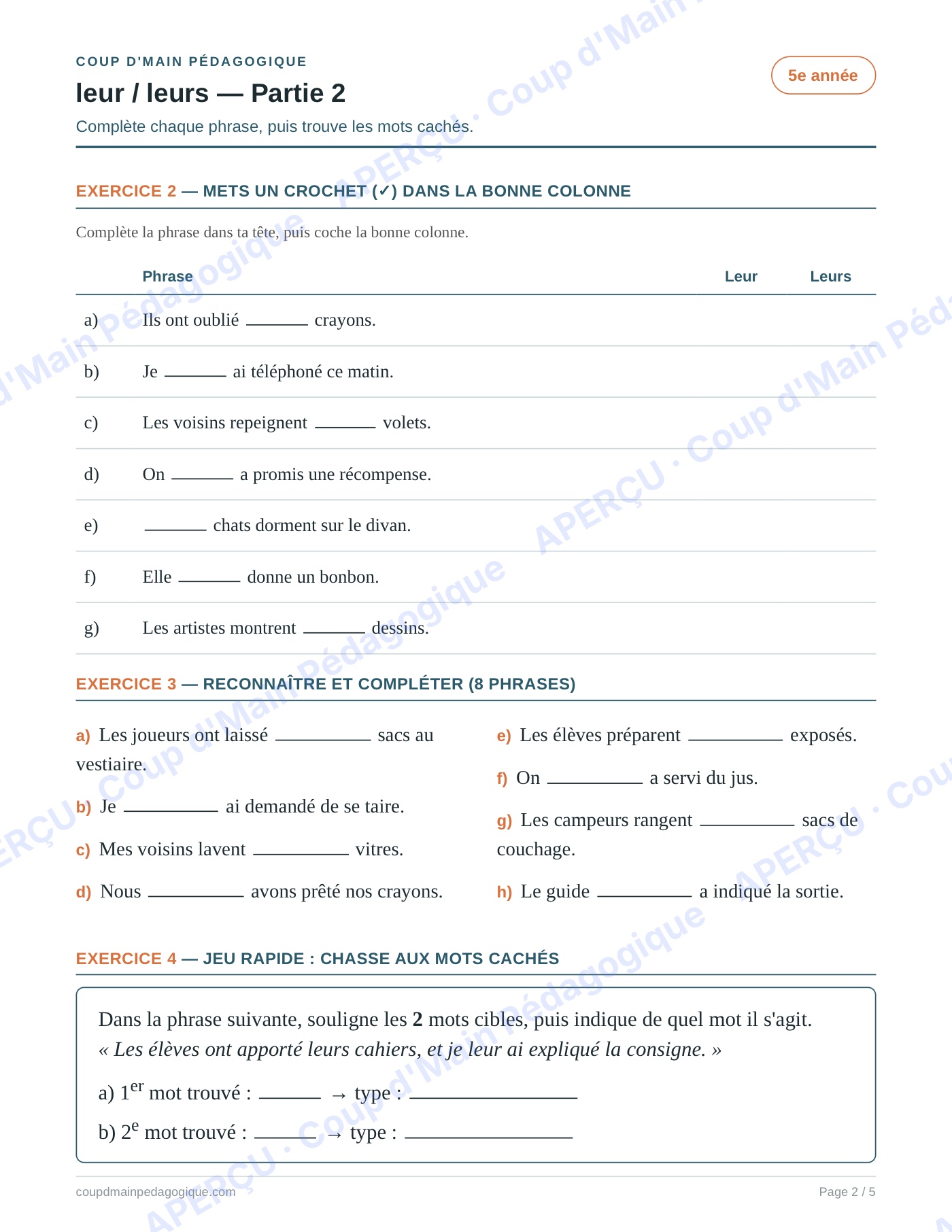 Page 2 — Les homophones leur/leurs — 5e année, fiche