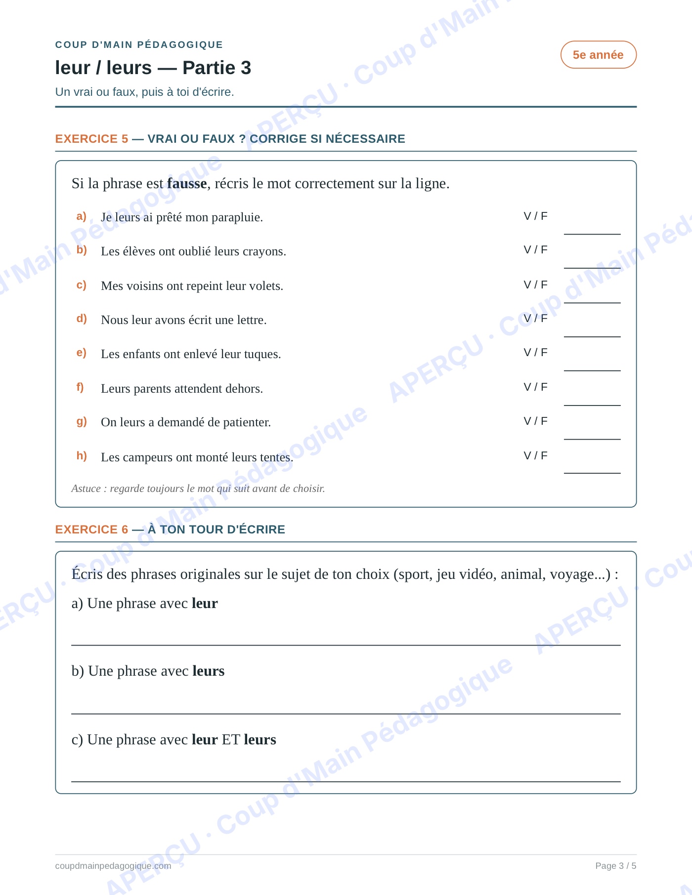 Page 3 — Les homophones leur/leurs — 5e année, fiche