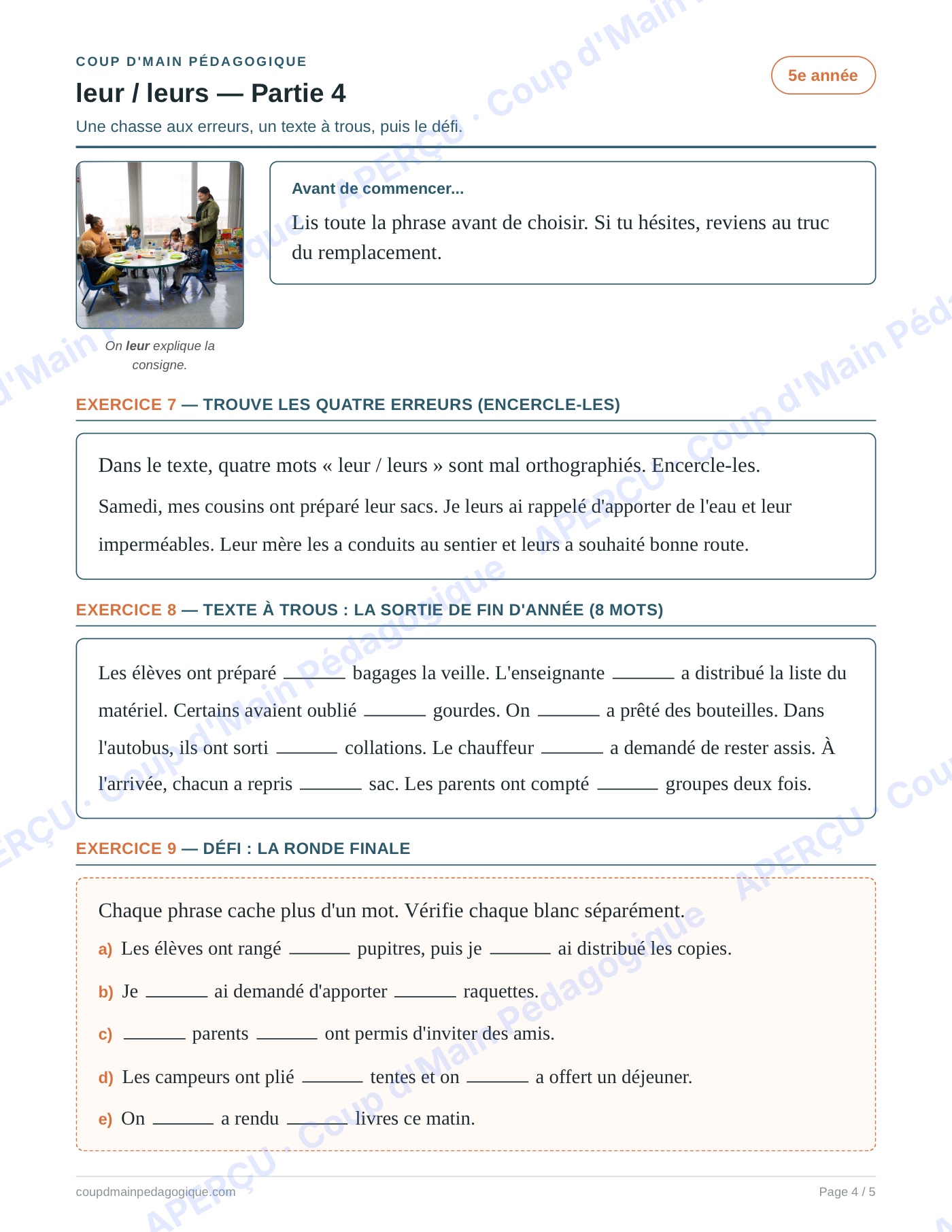 Page 4 — Les homophones leur/leurs — 5e année, fiche