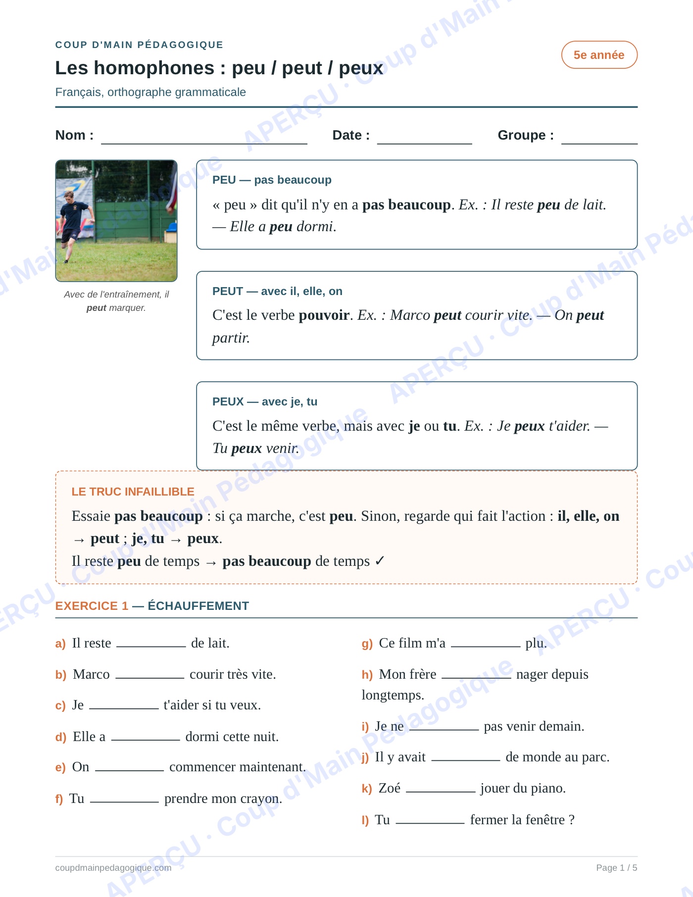 Page 1 — Les homophones peu/peut/peux — 5e année, fiche