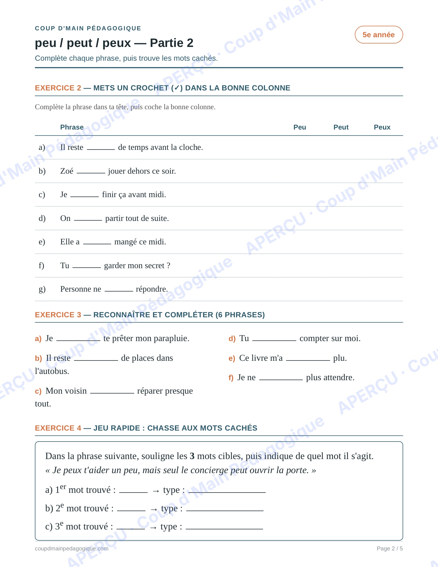Page 2 — Les homophones peu/peut/peux — 5e année, fiche