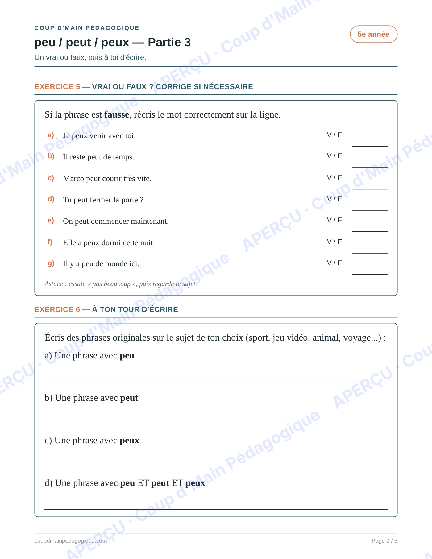 Page 3 — Les homophones peu/peut/peux — 5e année, fiche