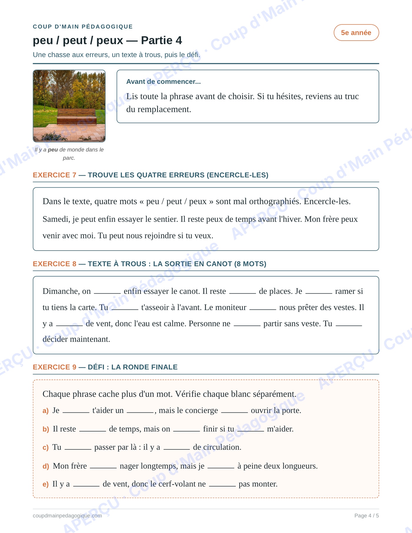 Page 4 — Les homophones peu/peut/peux — 5e année, fiche