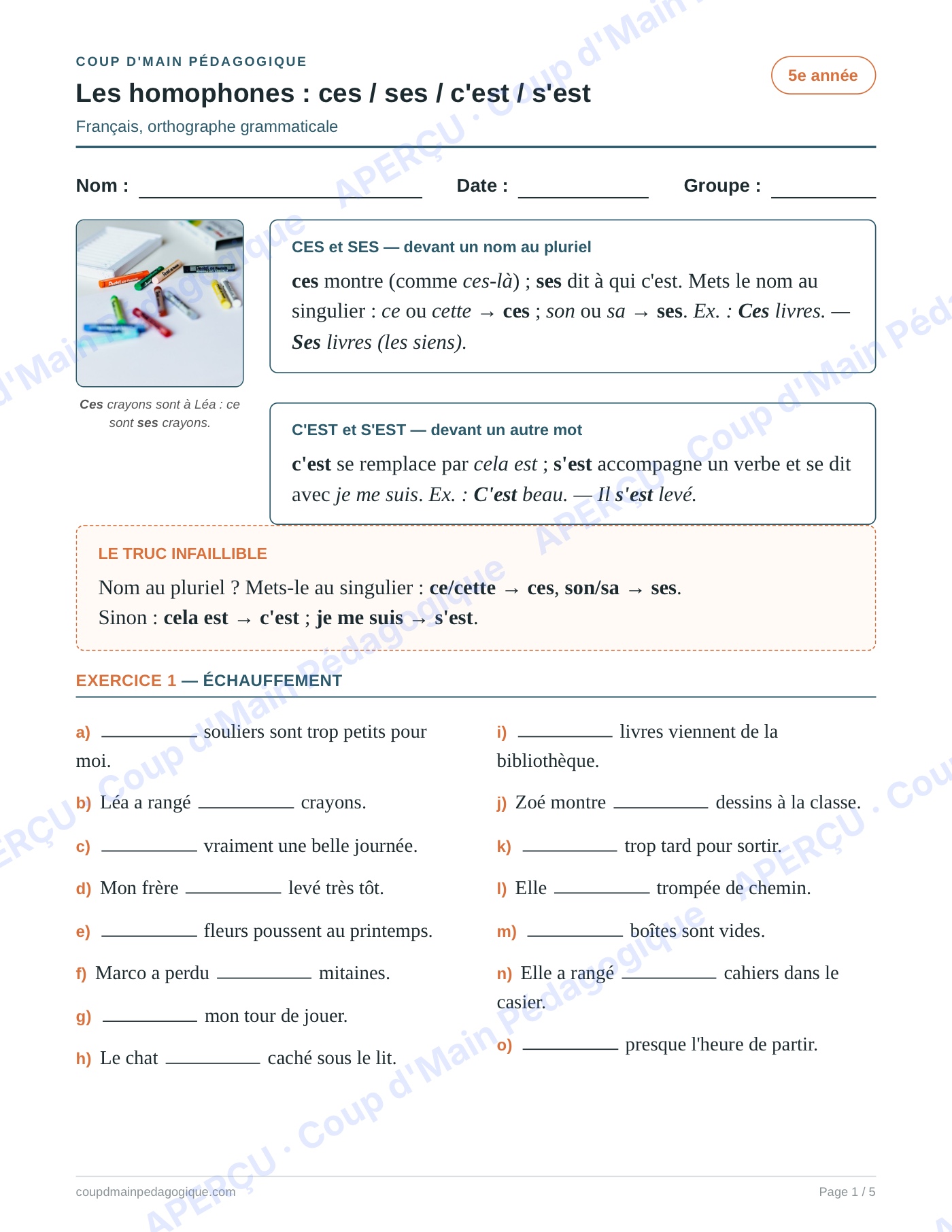 Page 1 — Homophones ces/ses/c'est/s'est — 5e année, fiche