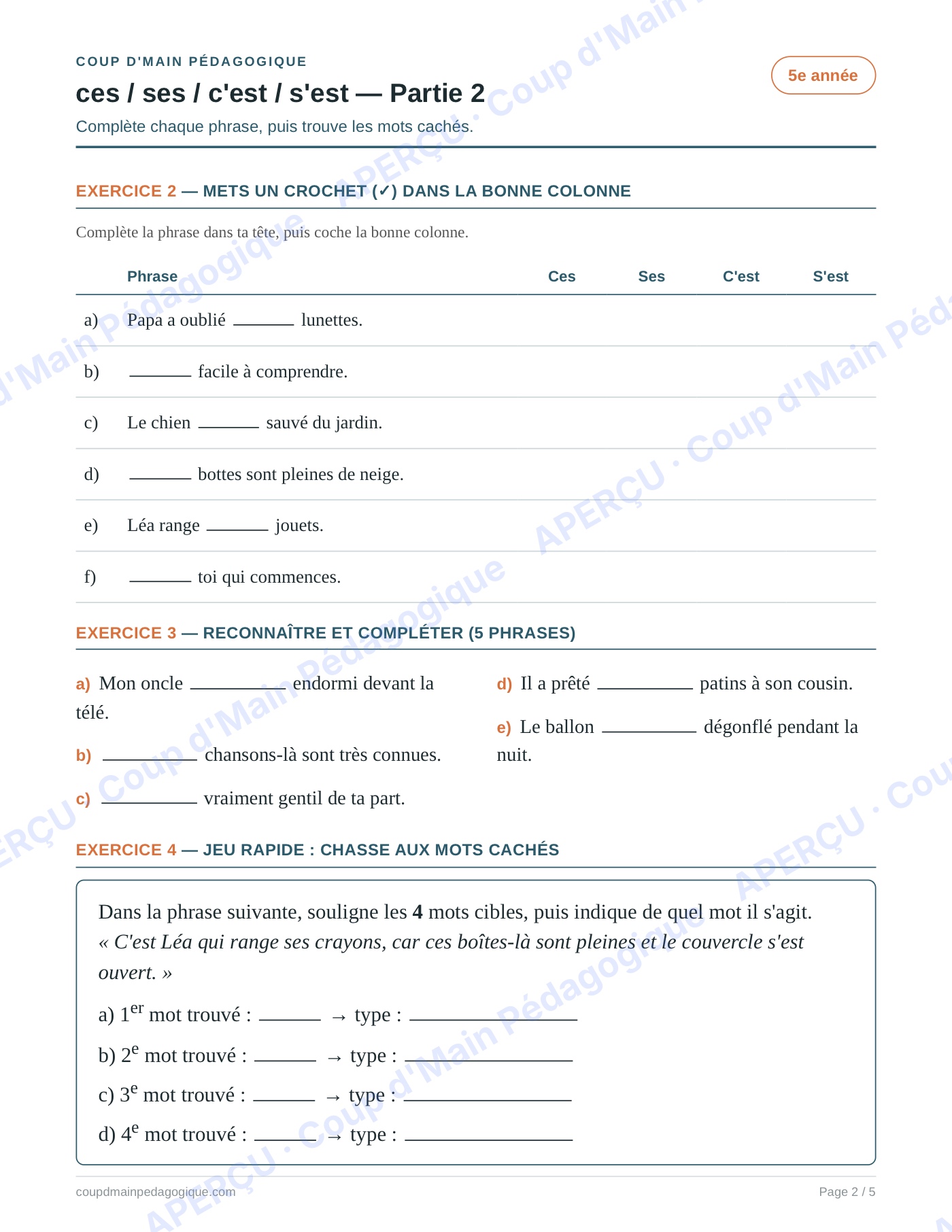 Page 2 — Homophones ces/ses/c'est/s'est — 5e année, fiche