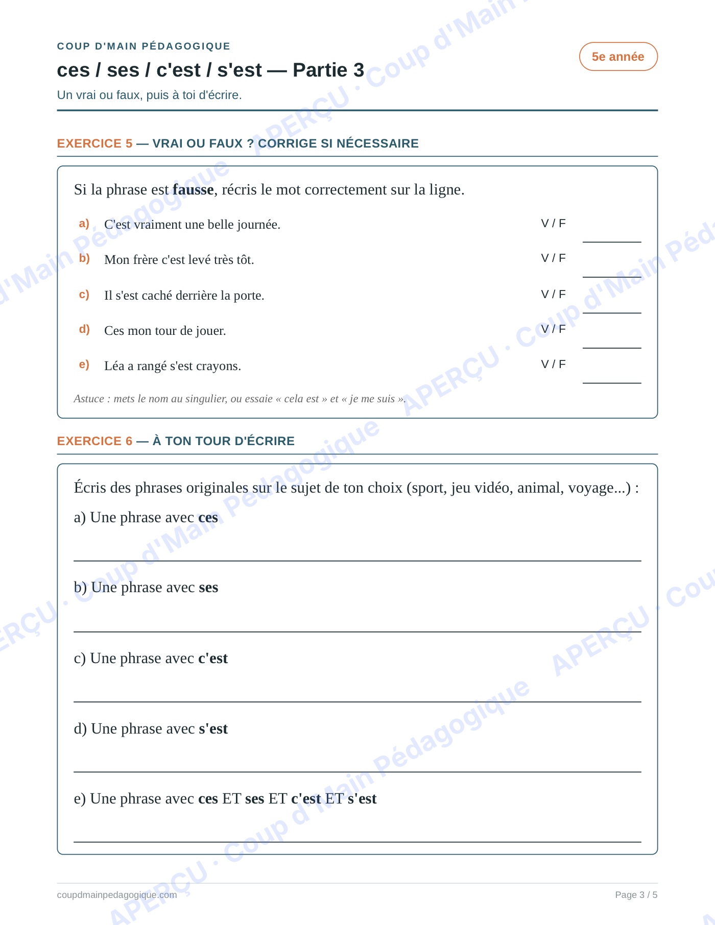 Page 3 — Homophones ces/ses/c'est/s'est — 5e année, fiche