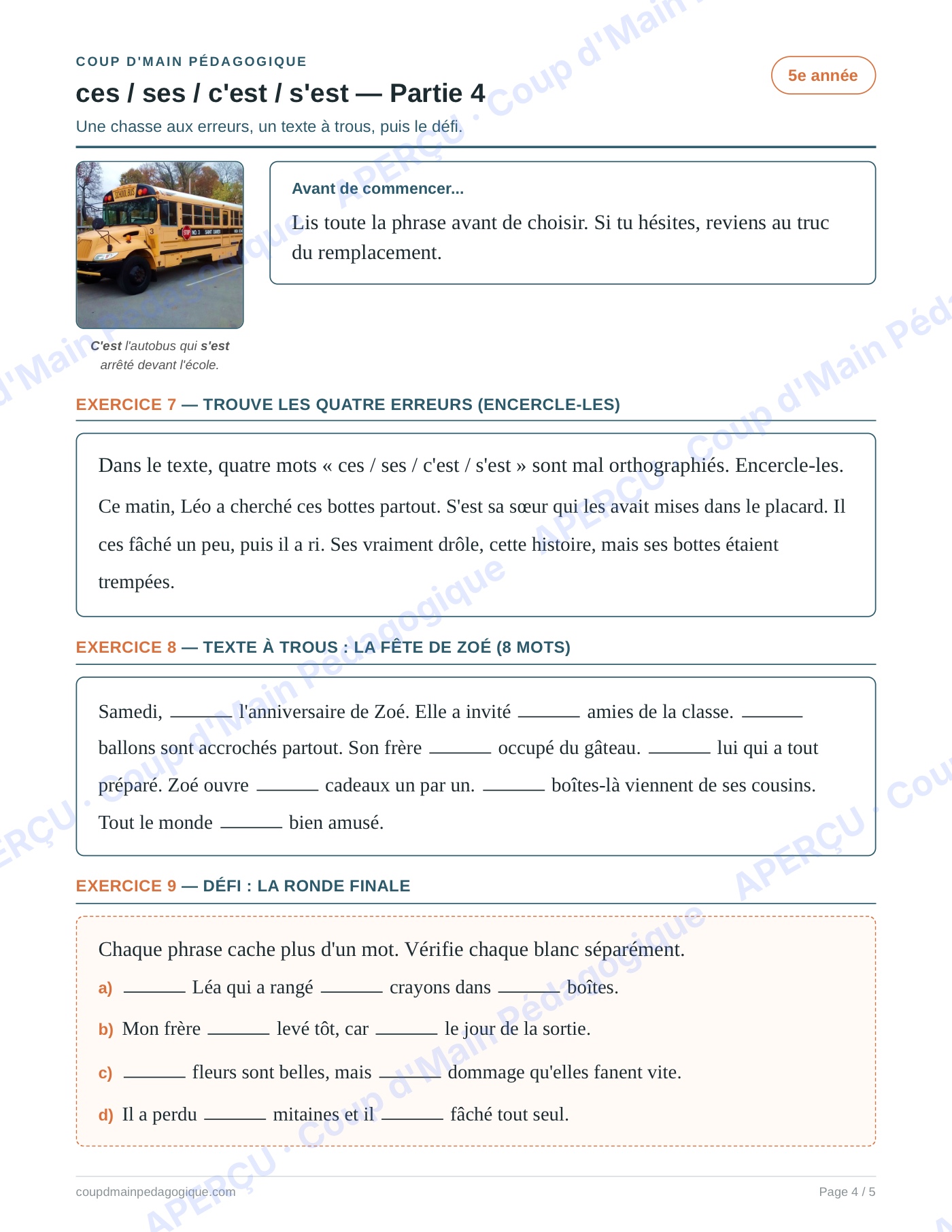 Page 4 — Homophones ces/ses/c'est/s'est — 5e année, fiche