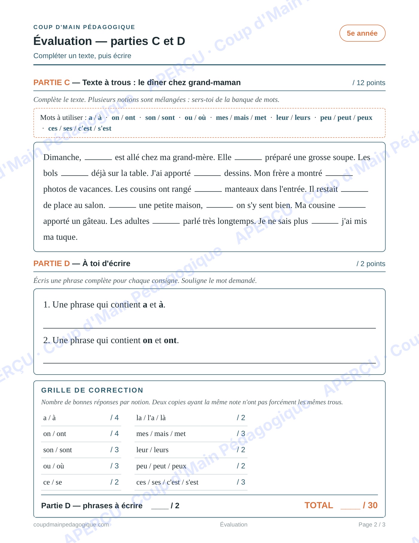 Page 2 — Les homophones grammaticaux — 5e année, évaluation