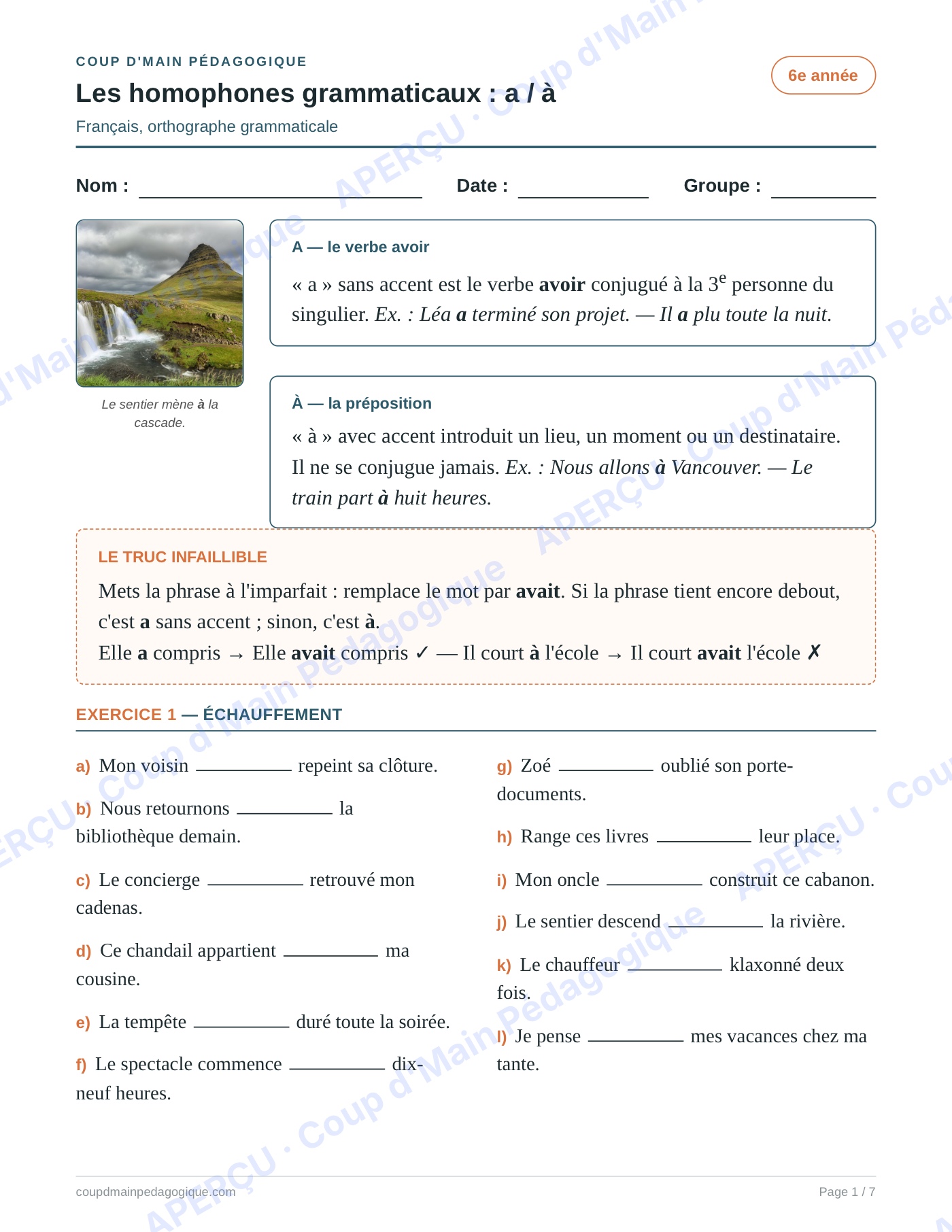 Page 1 — Les homophones a/à — 6e année, fiche