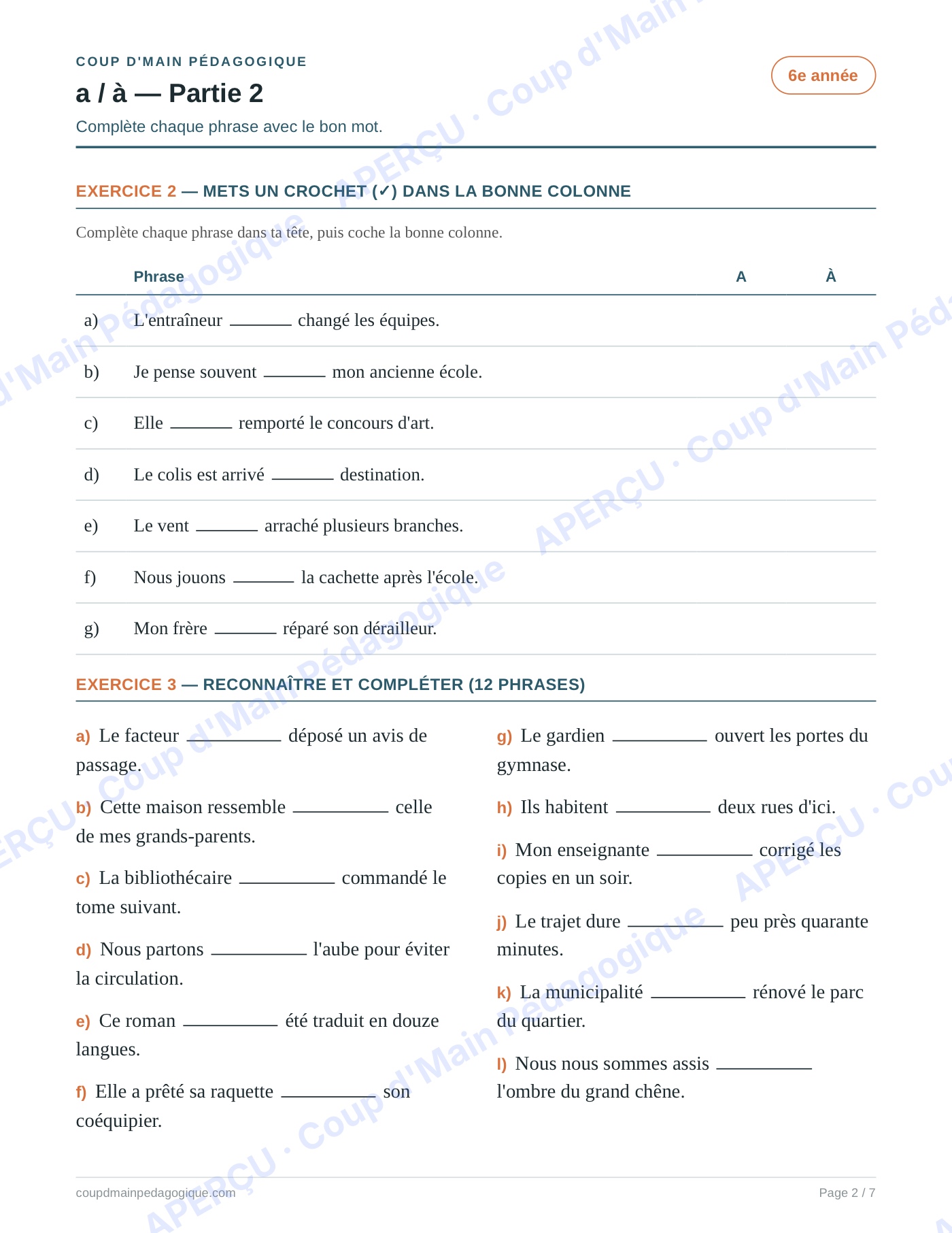 Page 2 — Les homophones a/à — 6e année, fiche