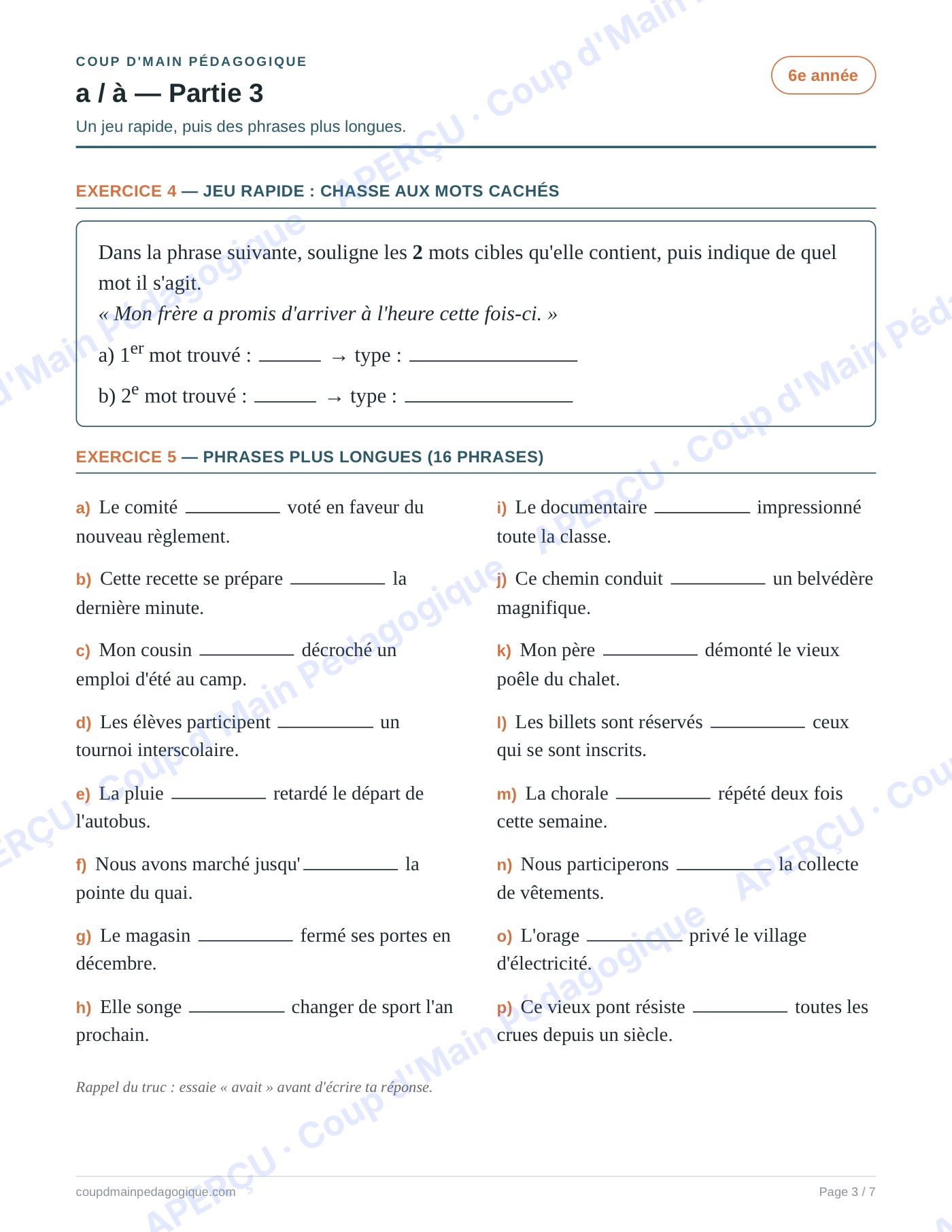 Page 3 — Les homophones a/à — 6e année, fiche