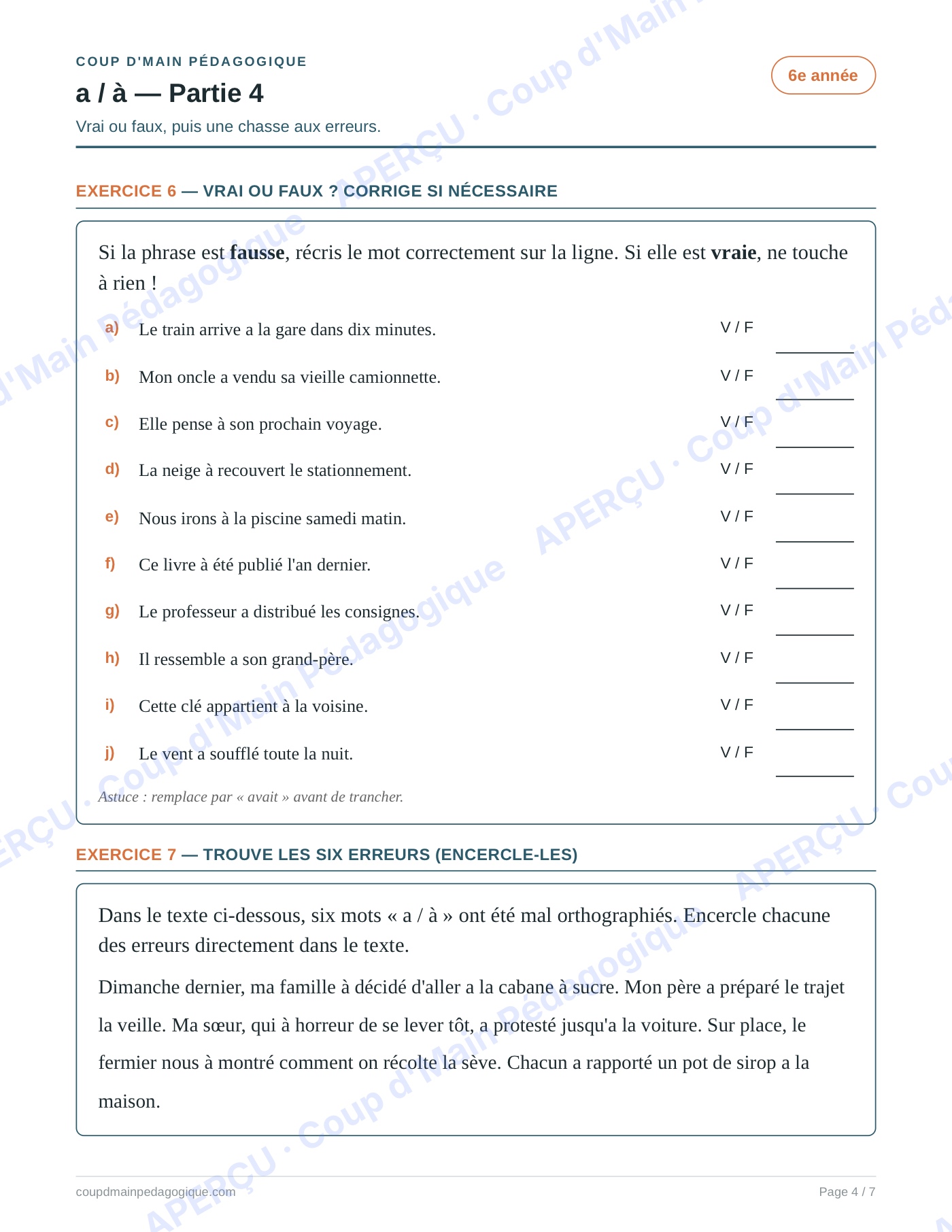 Page 4 — Les homophones a/à — 6e année, fiche
