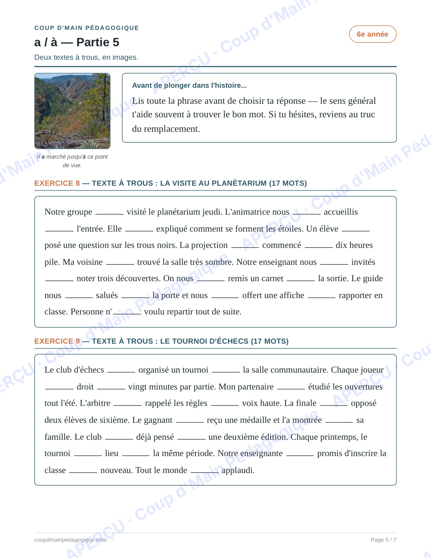 Page 5 — Les homophones a/à — 6e année, fiche