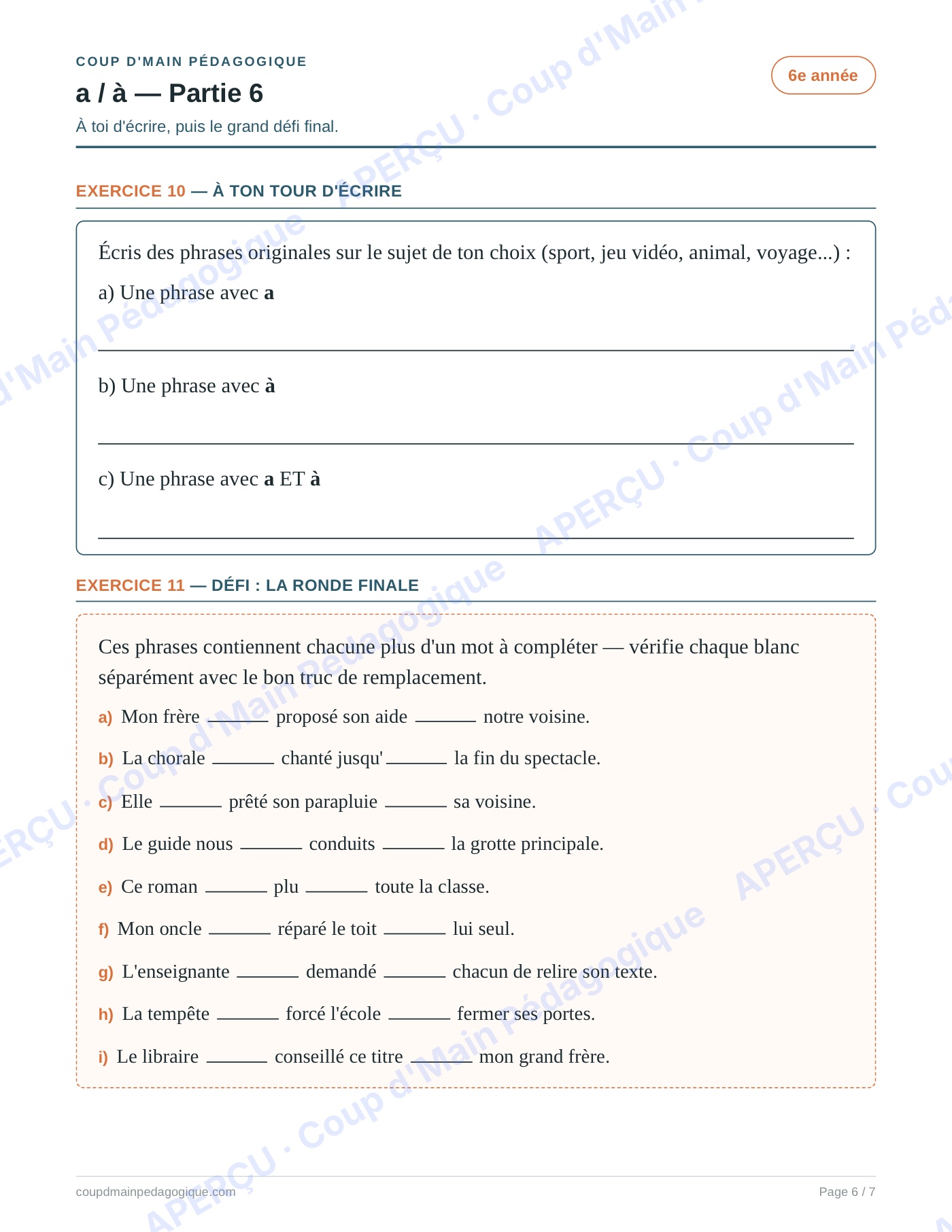 Page 6 — Les homophones a/à — 6e année, fiche