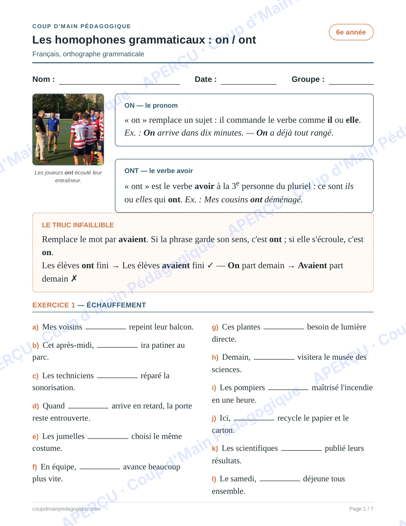 Page 1 — Les homophones on/ont — 6e année, fiche