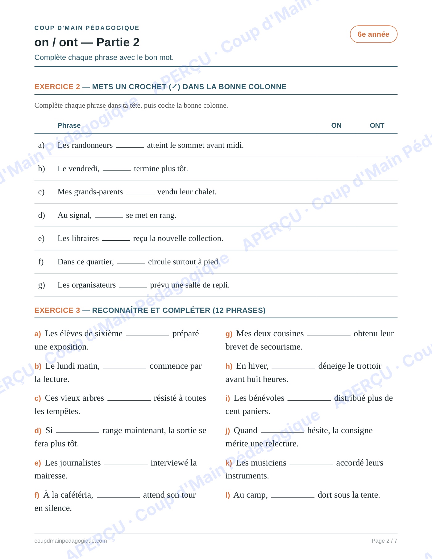Page 2 — Les homophones on/ont — 6e année, fiche