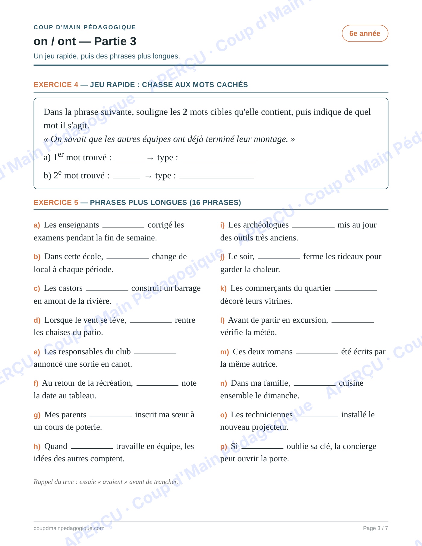 Page 3 — Les homophones on/ont — 6e année, fiche