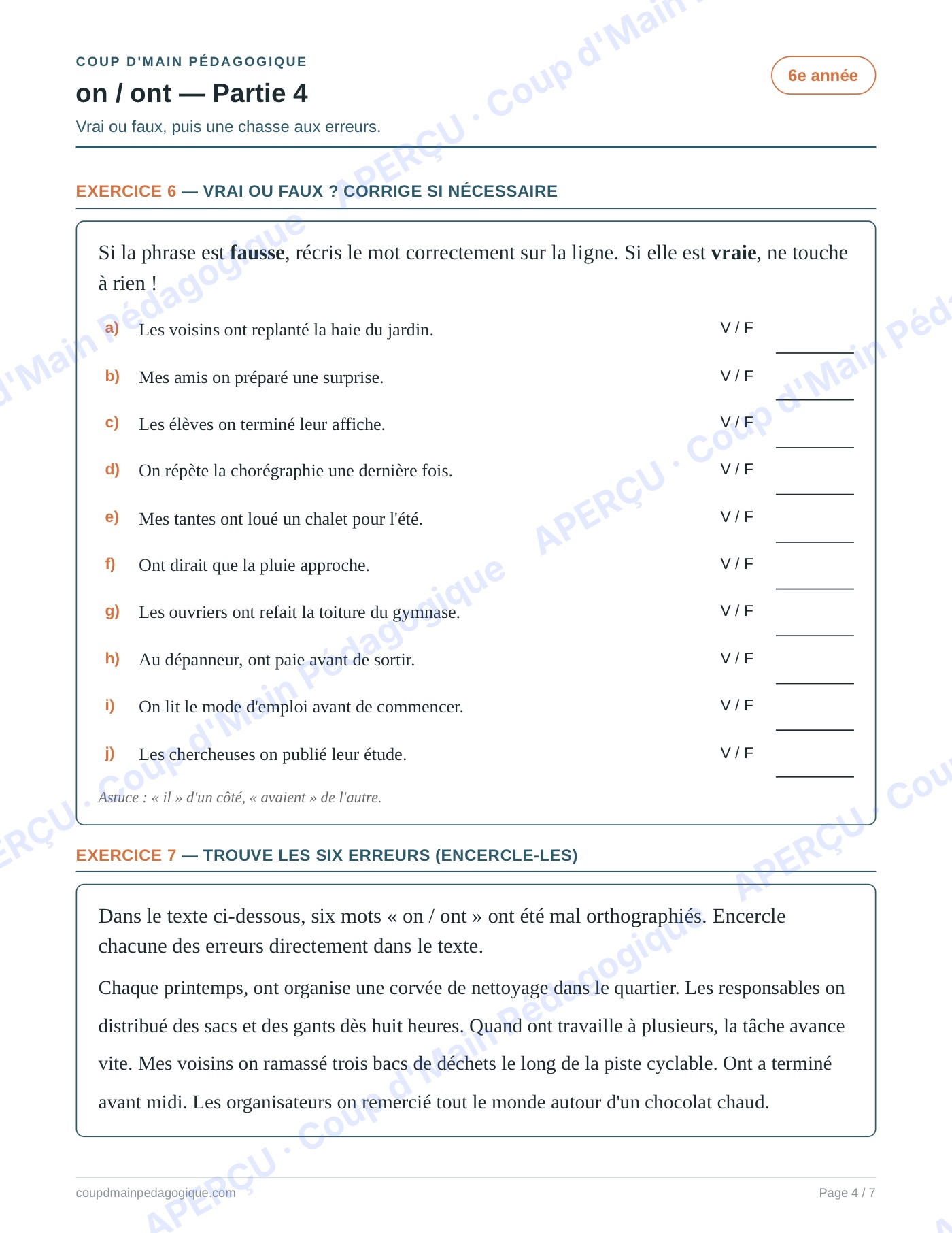 Page 4 — Les homophones on/ont — 6e année, fiche