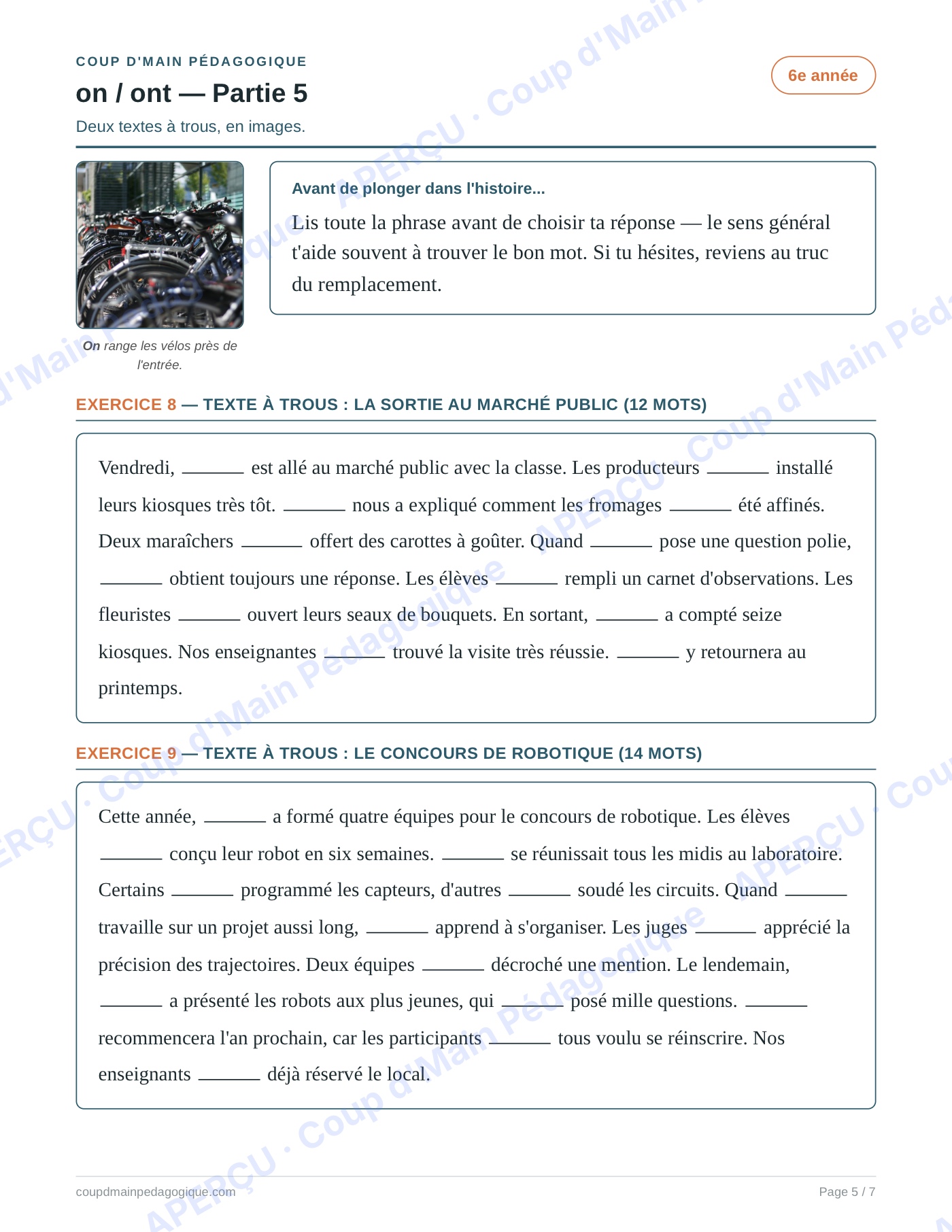 Page 5 — Les homophones on/ont — 6e année, fiche