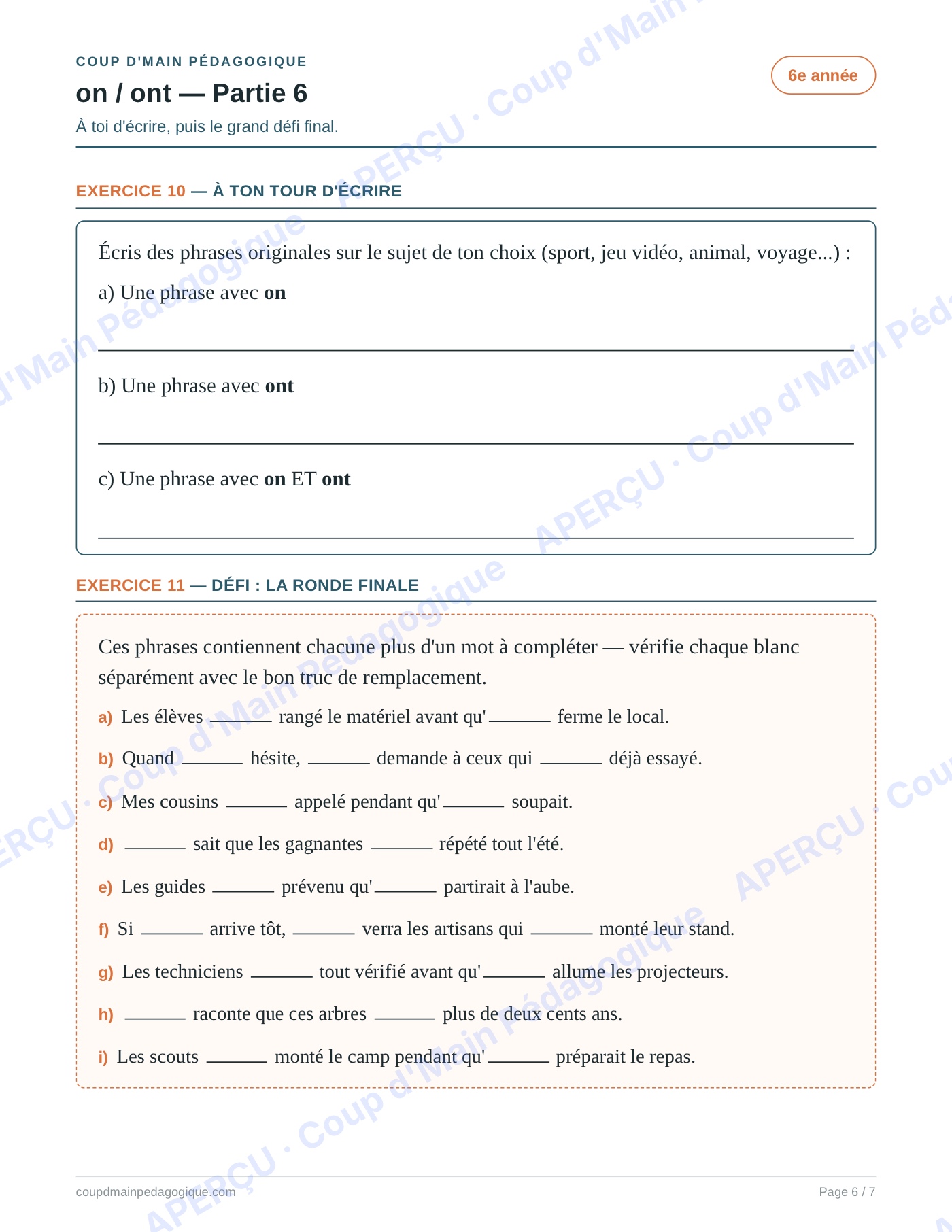 Page 6 — Les homophones on/ont — 6e année, fiche