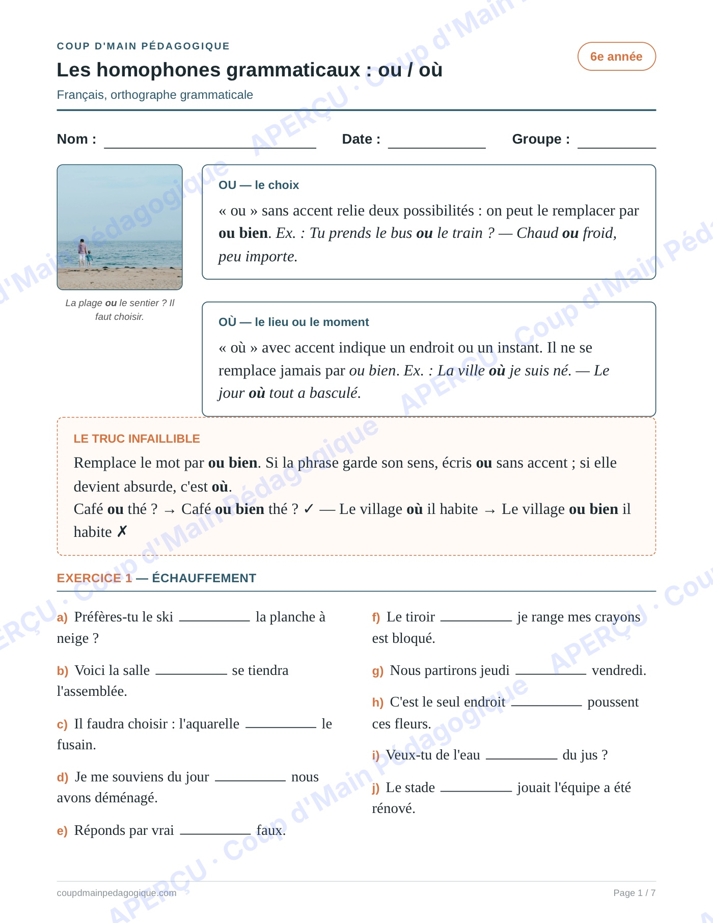 Page 1 — Les homophones ou/où — 6e année, fiche