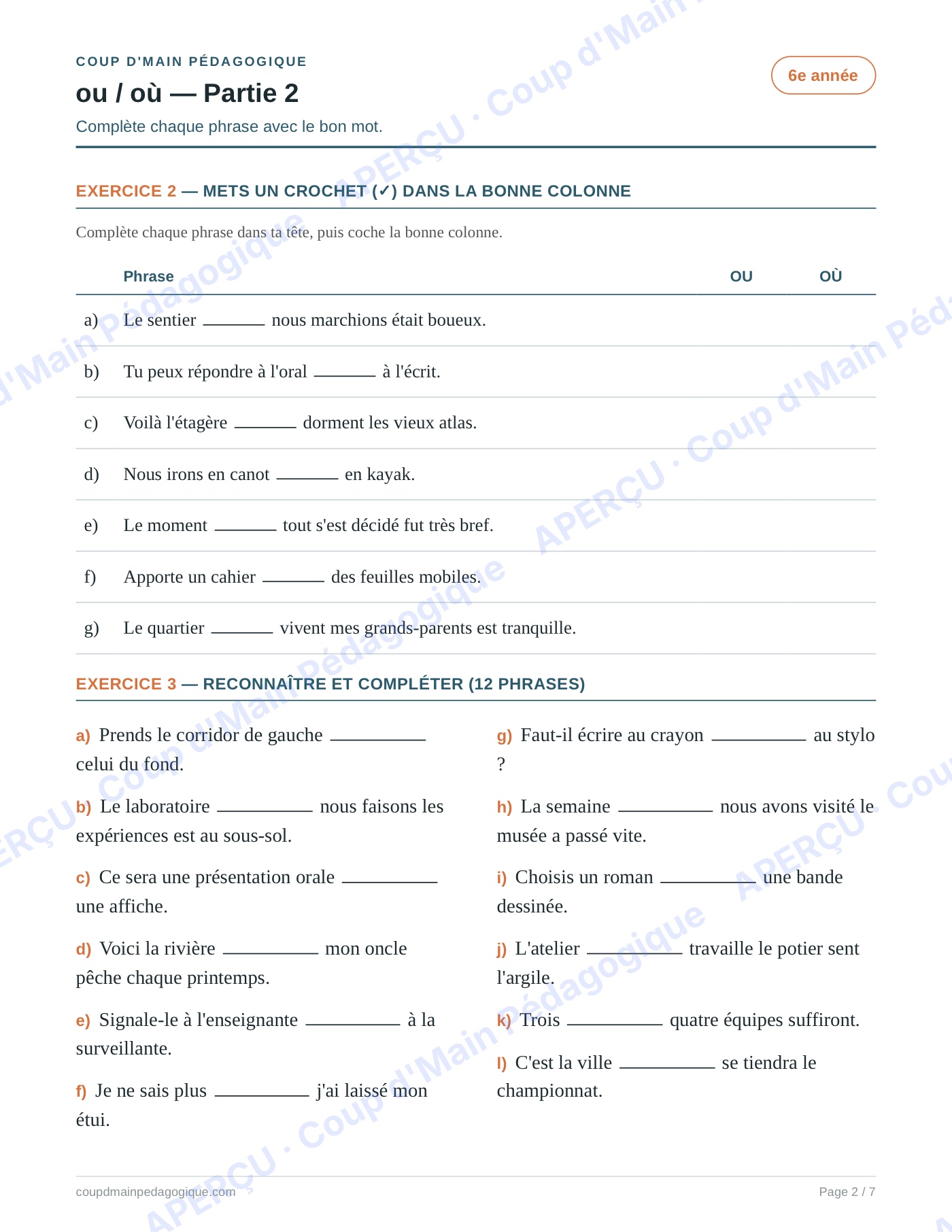 Page 2 — Les homophones ou/où — 6e année, fiche