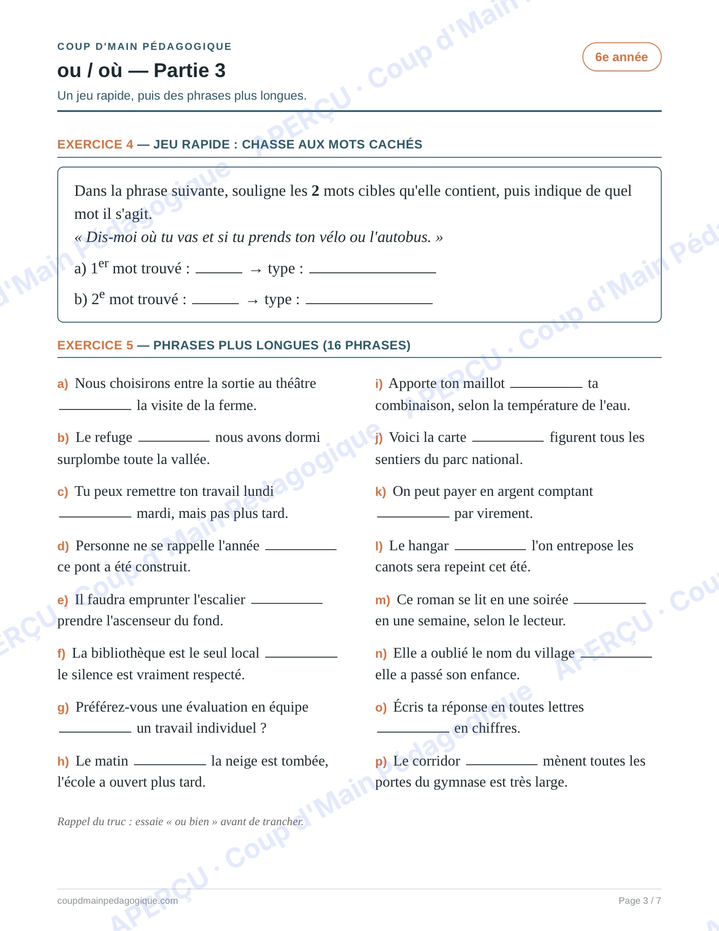 Page 3 — Les homophones ou/où — 6e année, fiche