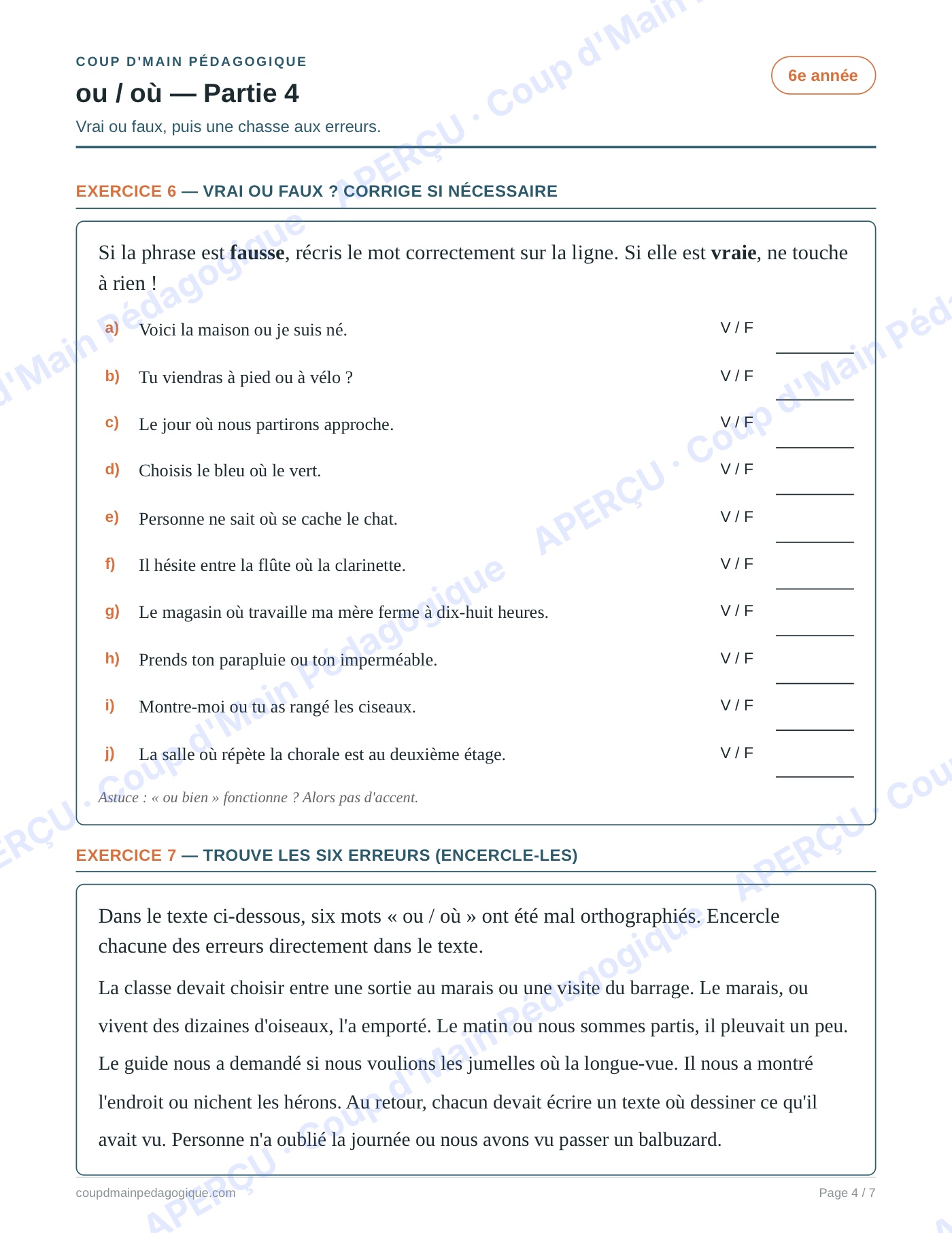 Page 4 — Les homophones ou/où — 6e année, fiche