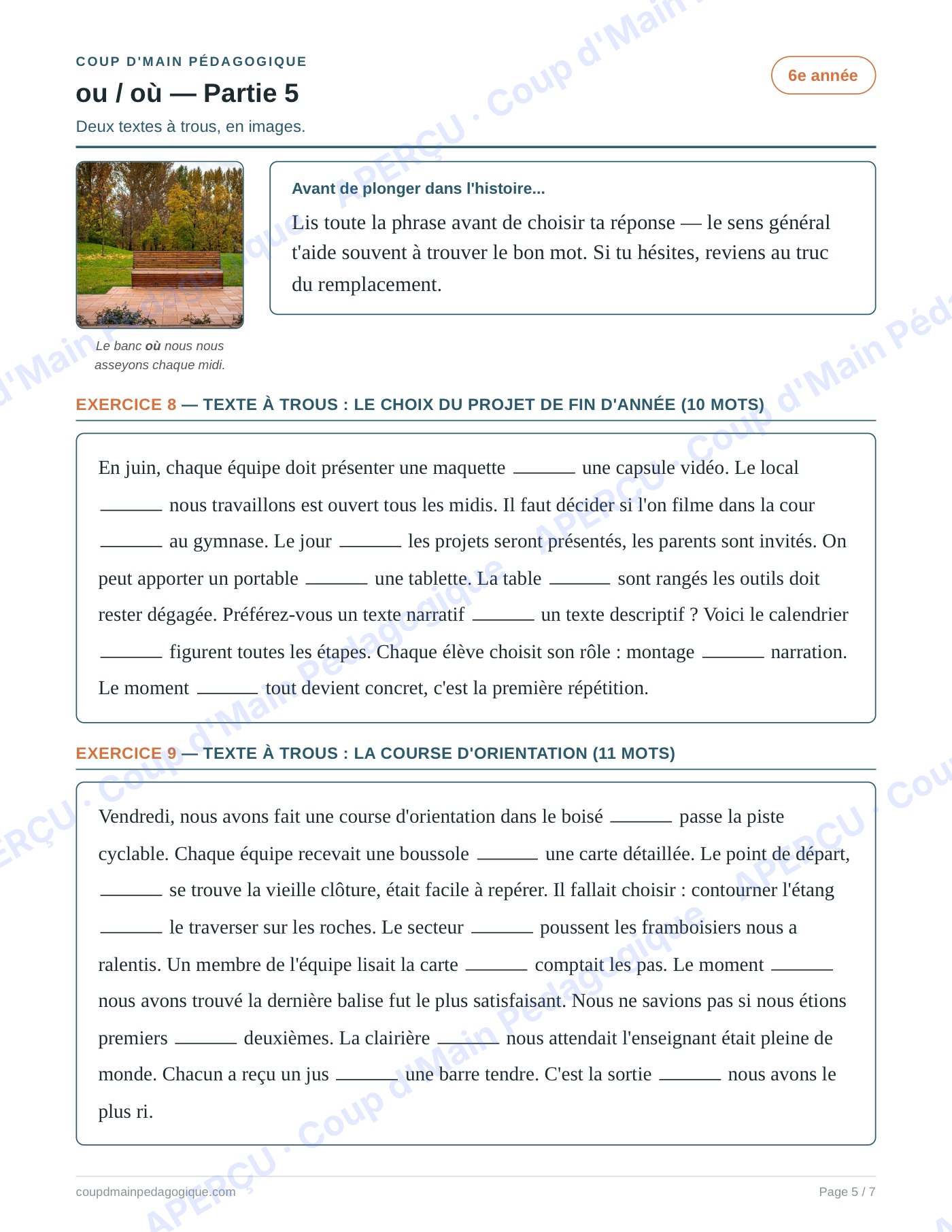 Page 5 — Les homophones ou/où — 6e année, fiche