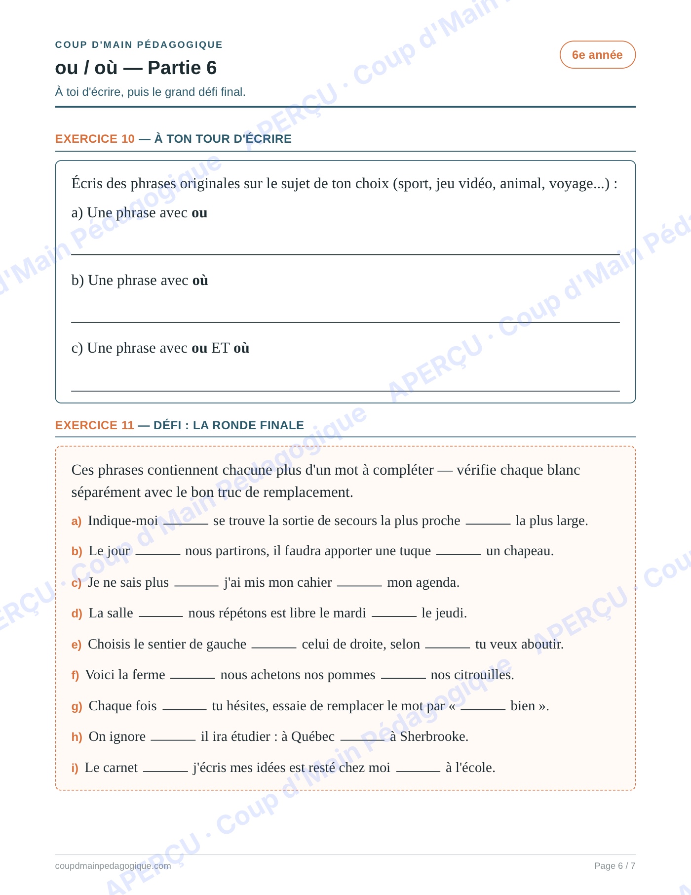 Page 6 — Les homophones ou/où — 6e année, fiche