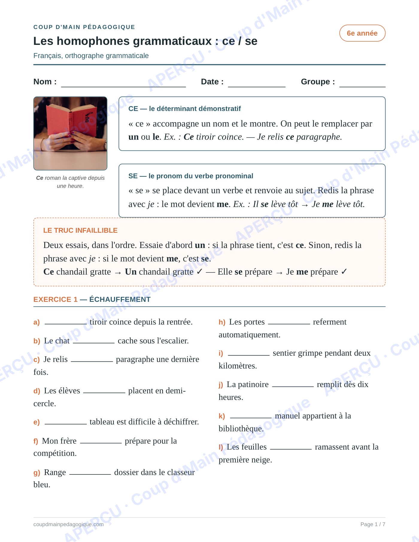 Page 1 — Les homophones ce/se — 6e année, fiche