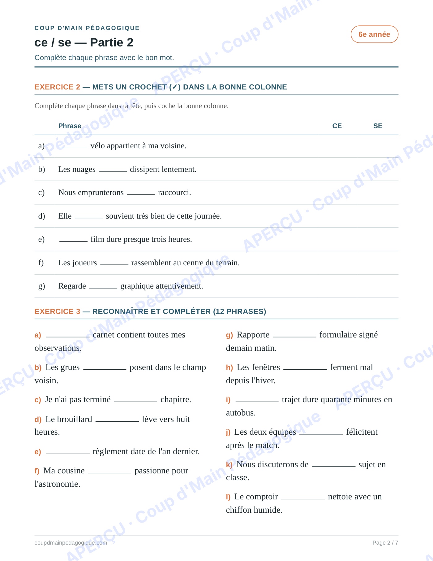 Page 2 — Les homophones ce/se — 6e année, fiche