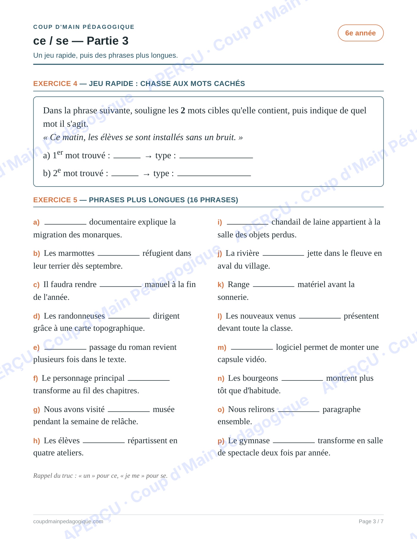 Page 3 — Les homophones ce/se — 6e année, fiche