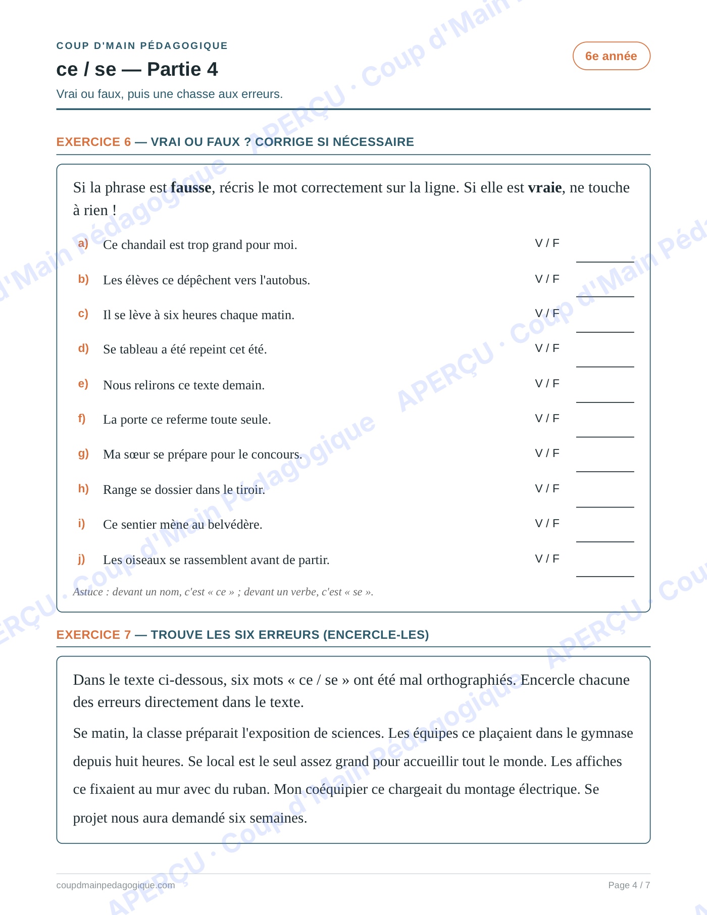 Page 4 — Les homophones ce/se — 6e année, fiche