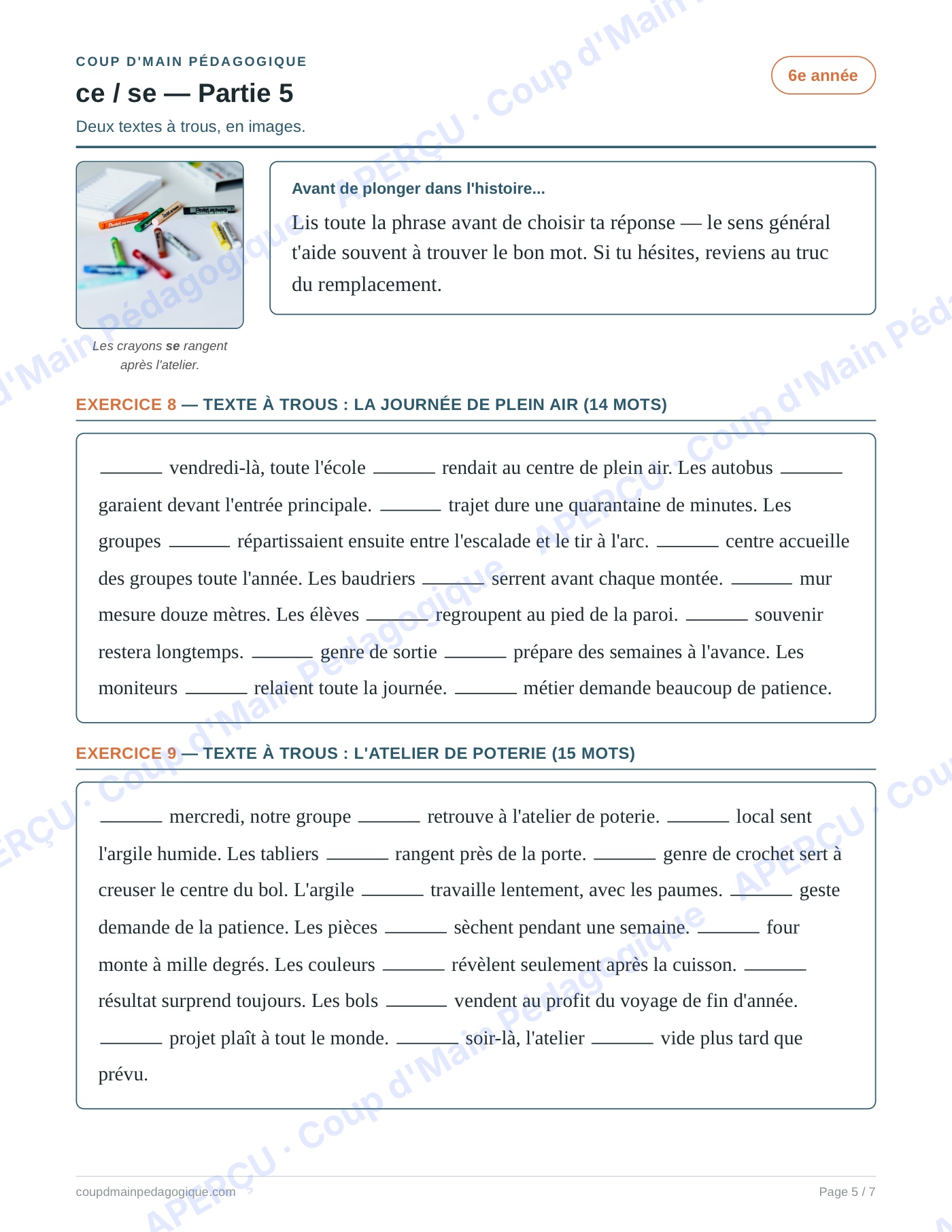 Page 5 — Les homophones ce/se — 6e année, fiche