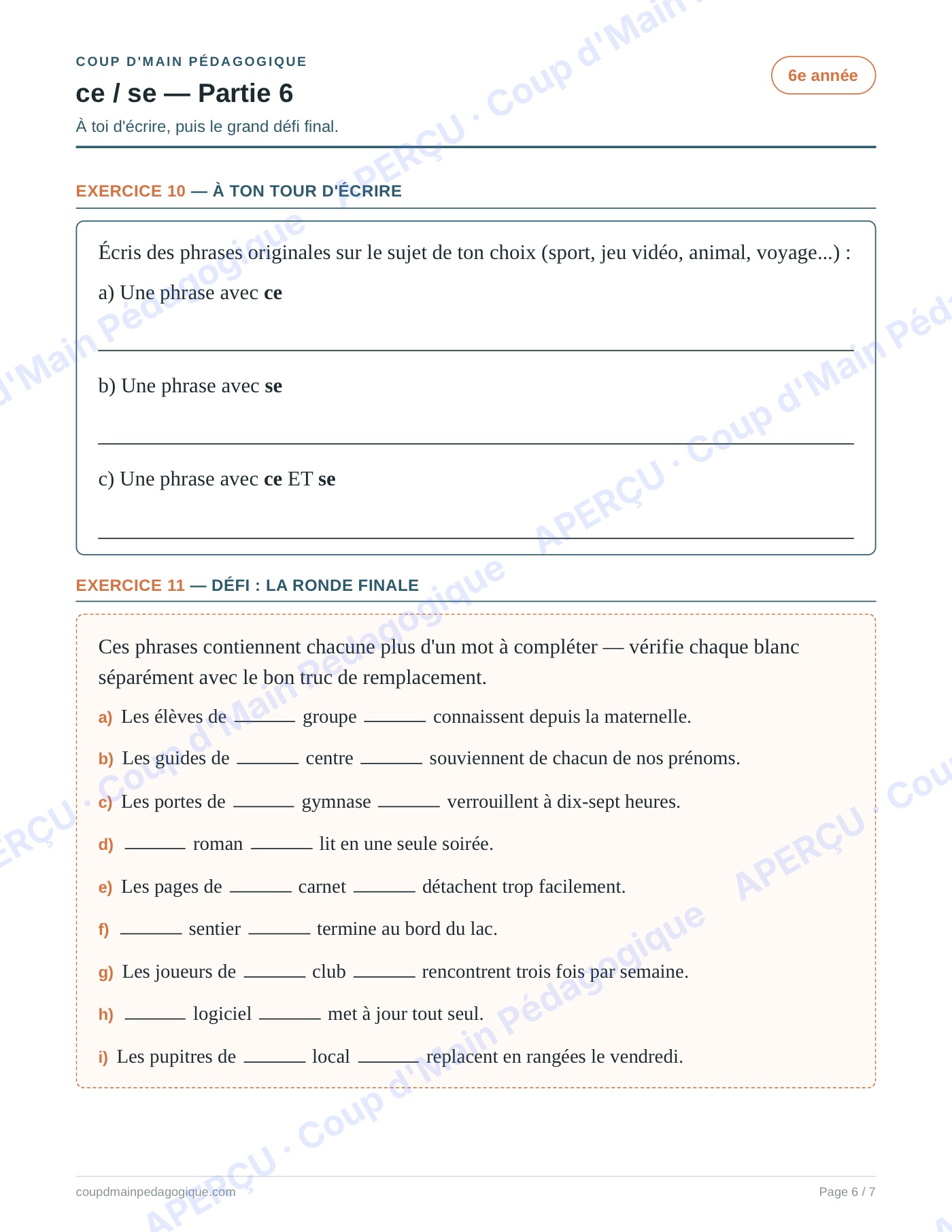Page 6 — Les homophones ce/se — 6e année, fiche