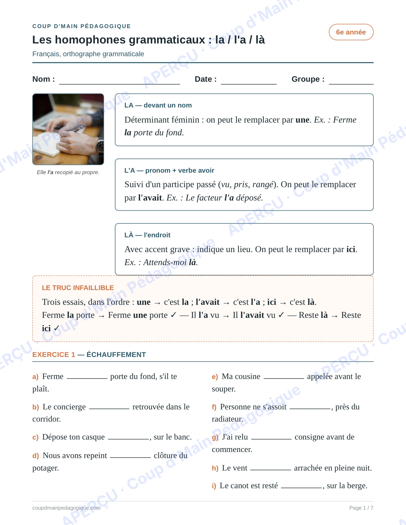 Page 1 — Les homophones la/l'a/là — 6e année, fiche