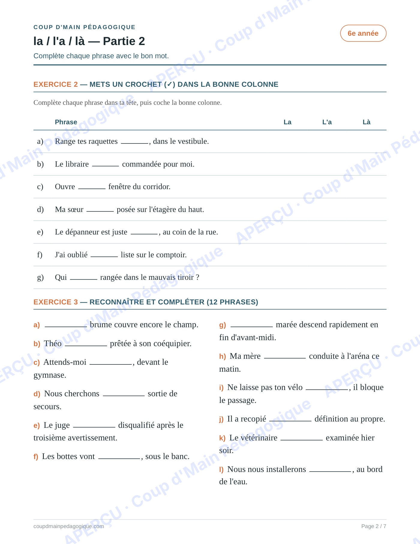 Page 2 — Les homophones la/l'a/là — 6e année, fiche