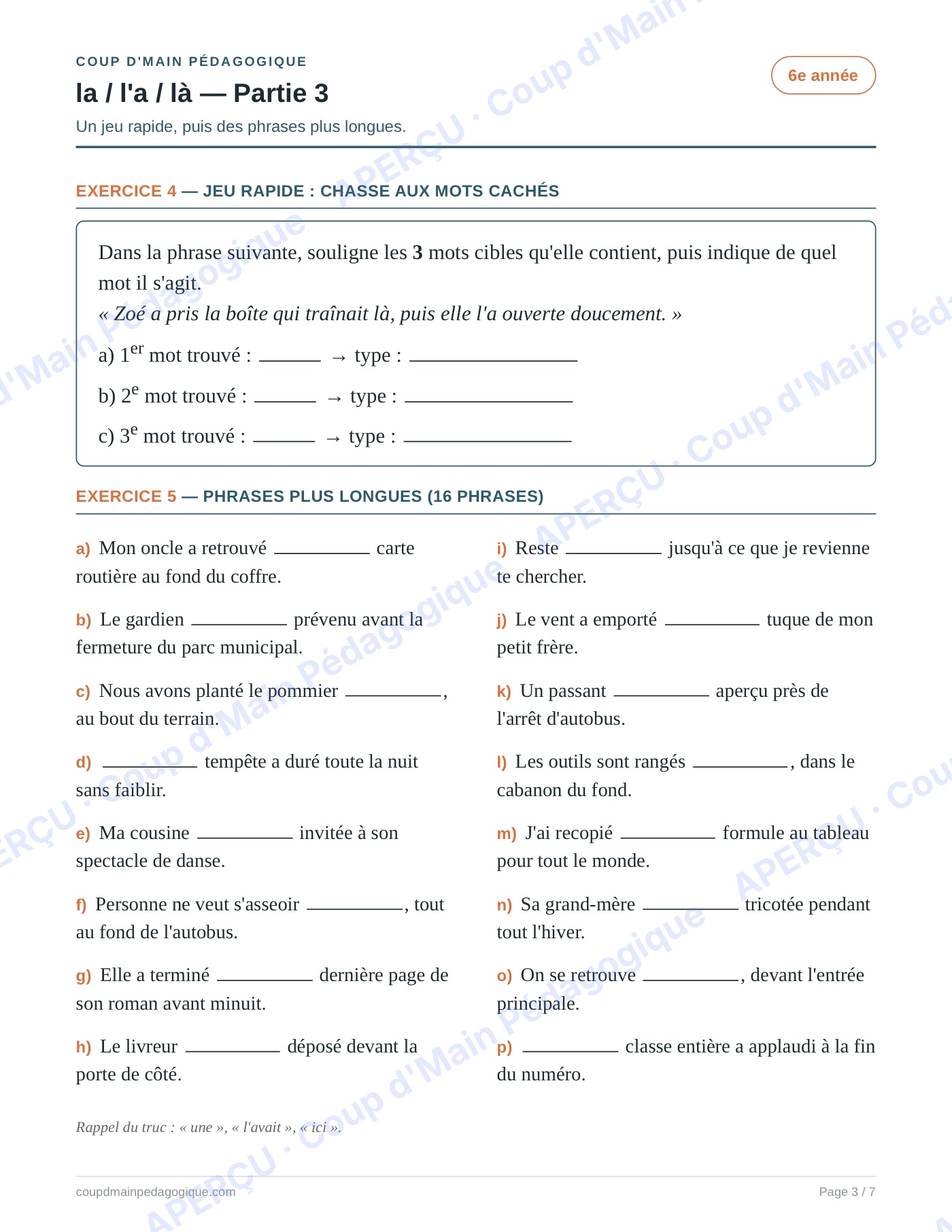 Page 3 — Les homophones la/l'a/là — 6e année, fiche