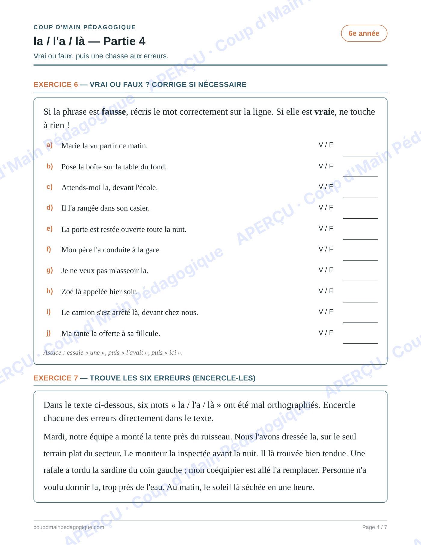 Page 4 — Les homophones la/l'a/là — 6e année, fiche